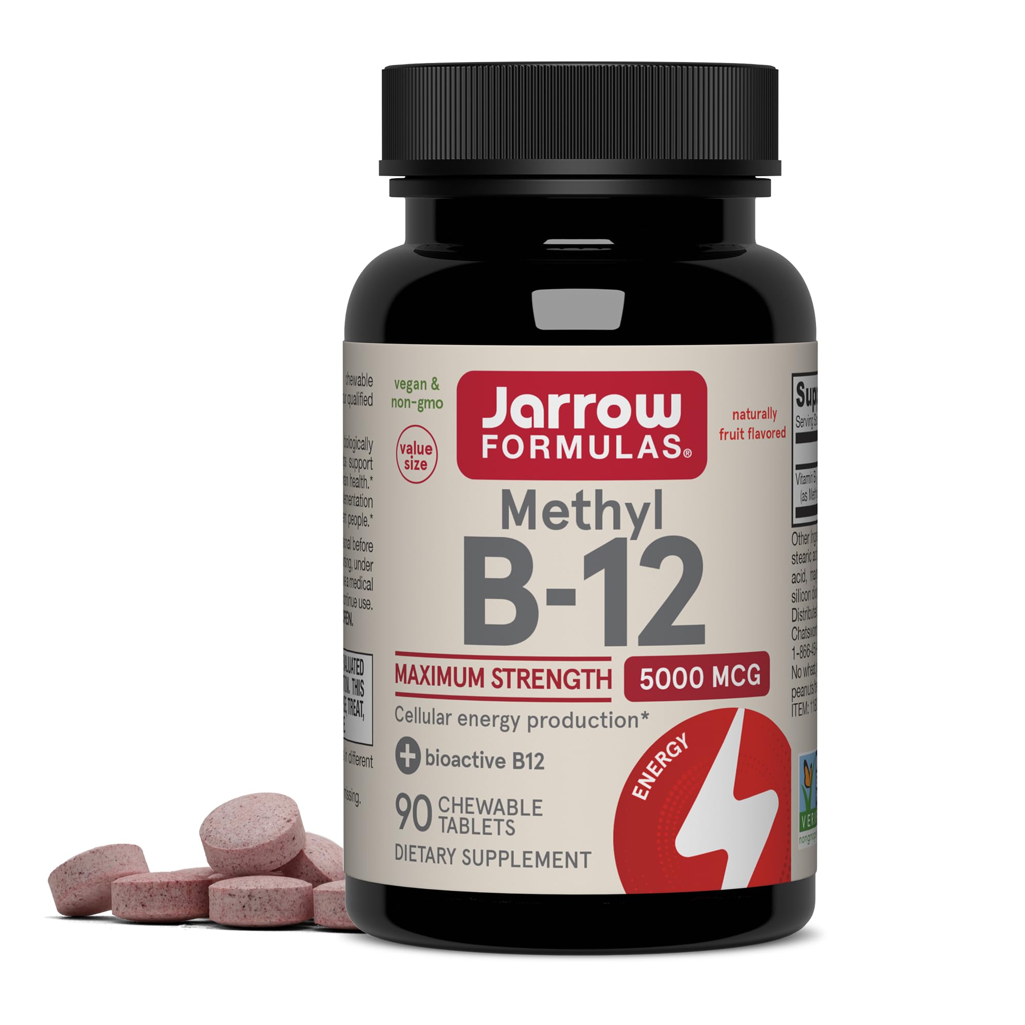 Jarrow Methyl Vitamin B-12 5000 mcg, Cellular Energy, 60 Chewable Tablets | Fruit Flavored, Bioactive B12 Vitamin, Supports Cellular Energy Production, Brain Health & Metabolism, 60 Servings