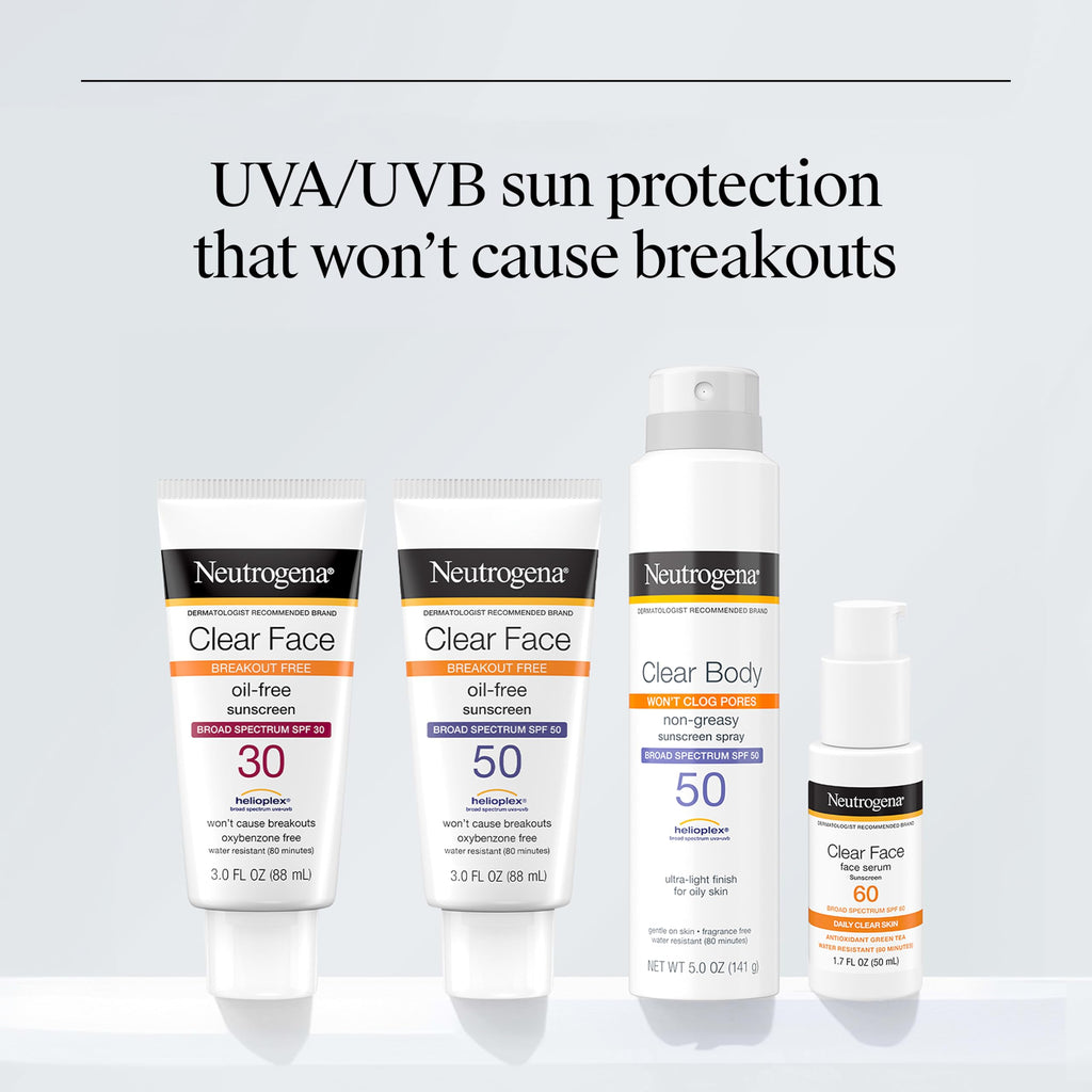 Neutrogena Clear Face Sunscreen Lotion SPF 50, 3 fl. oz | For Acne-Prone Skin, Broad Spectrum UVA/UVB Protection, Fragrance-Free, Oxybenzone-Free, Water-Resistant
