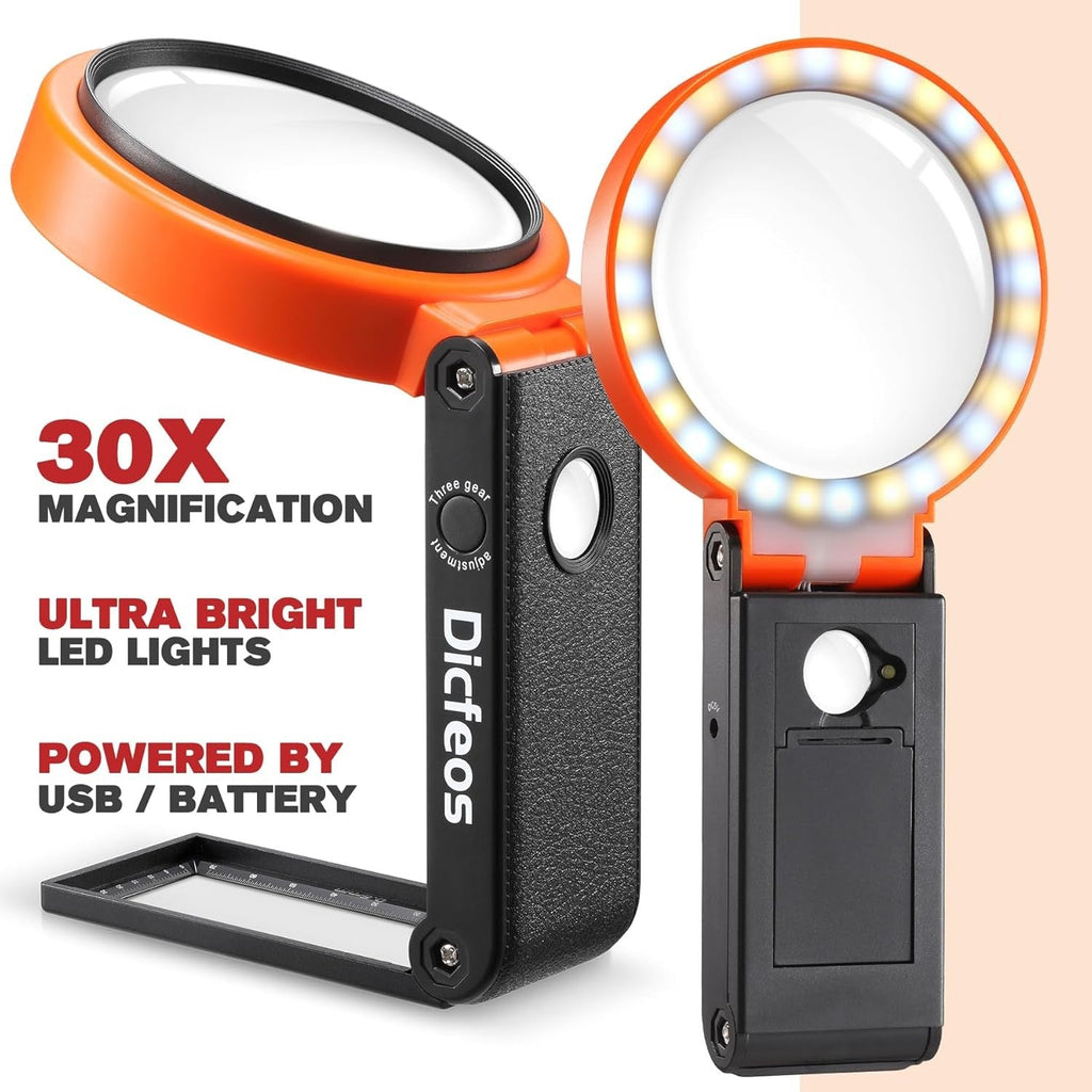 Buy now Dicfeos 30X 40X Magnifying Glass with Light and Stand, Non-Rechargeable, Folding Design 32 LED Illuminated for Close Work, Handheld Large Glasses Reading, Powered by Battery or USB at indiglob india