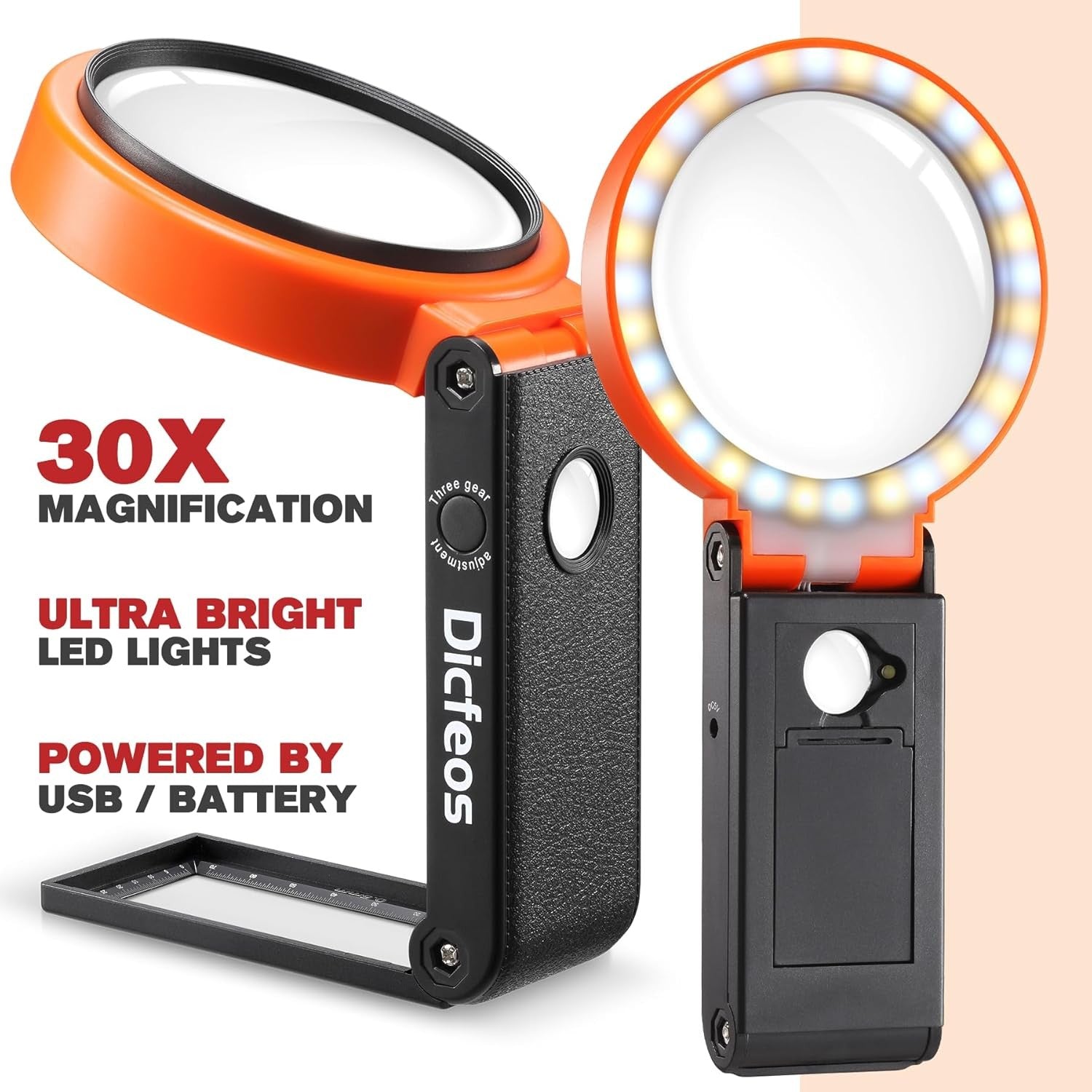 Buy now Dicfeos 30X 40X Magnifying Glass with Light and Stand, Non-Rechargeable, Folding Design 32 LED Illuminated for Close Work, Handheld Large Glasses Reading, Powered by Battery or USB at indiglob india