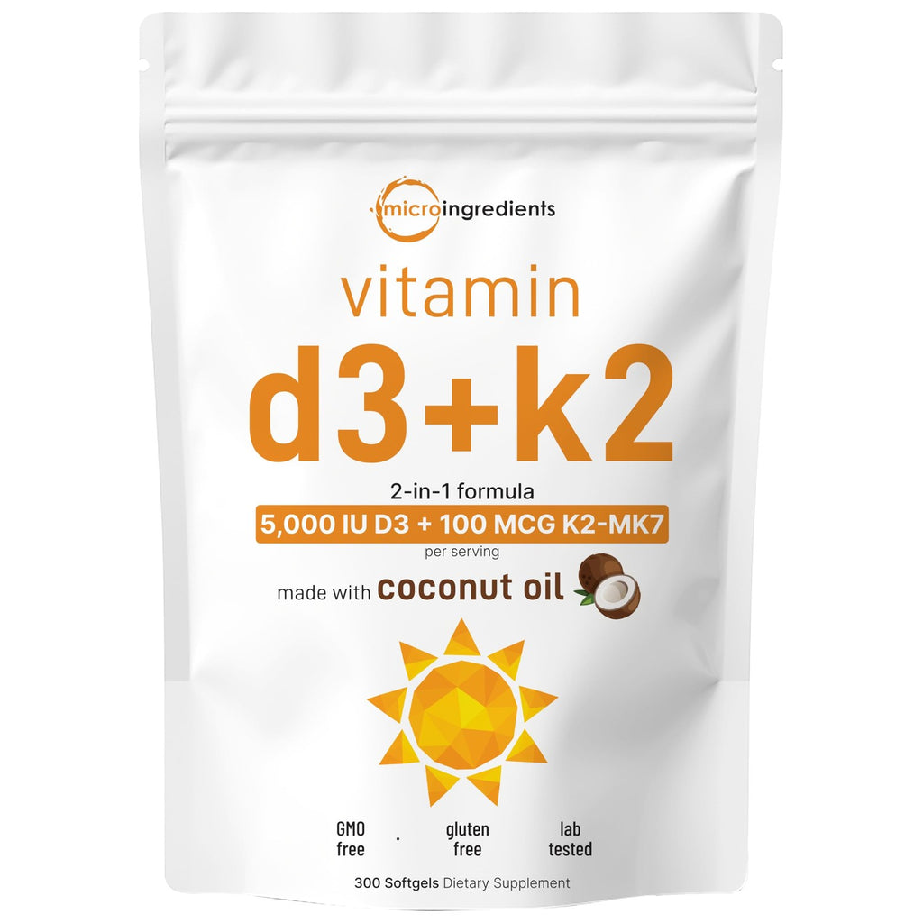 Micro Ingredients Vitamin D3 5,000 IU + K2 MK-7 100 mcg, 300 Softgels | Virgin Coconut Oil | 2-in-1 Support | Easy to Swallow, Non-GMO