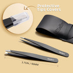 2-Pack Tweezers for Eyebrows, Facial Hair, Ingrown Hair Removal, Slant and Point Tip Tweezer Set for Women and Men, Professional Stainless Steel Precision Eyebrow Plucking Grooming with Case - Black