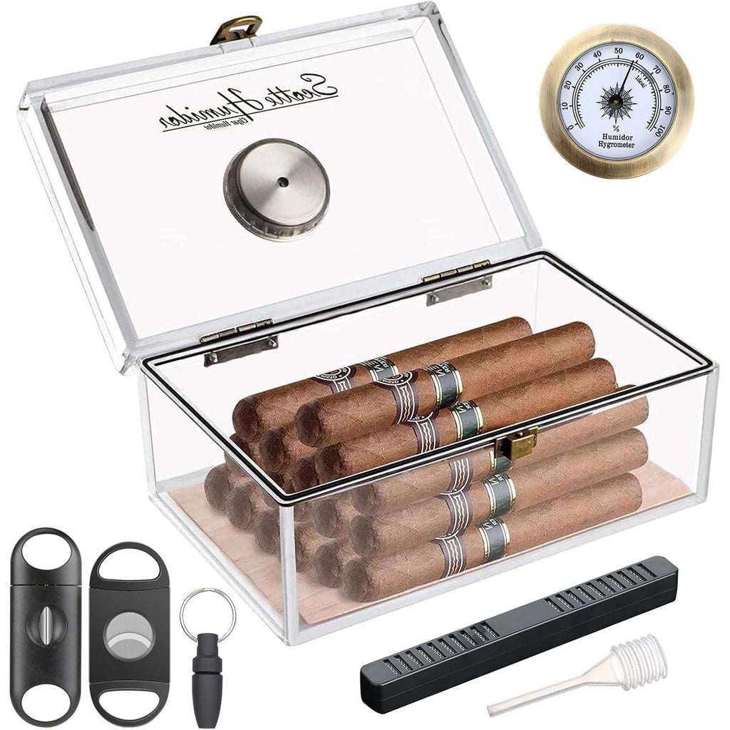 Buy now Scotte Acrylic Cigar Humidor Jar/case/Box with Humidifier and Hygrometer,humidor Can Hold About 20 Cigars Including Cigar Cutters and Cigar Punch (Clear-1) Clear-1 at indiglob india