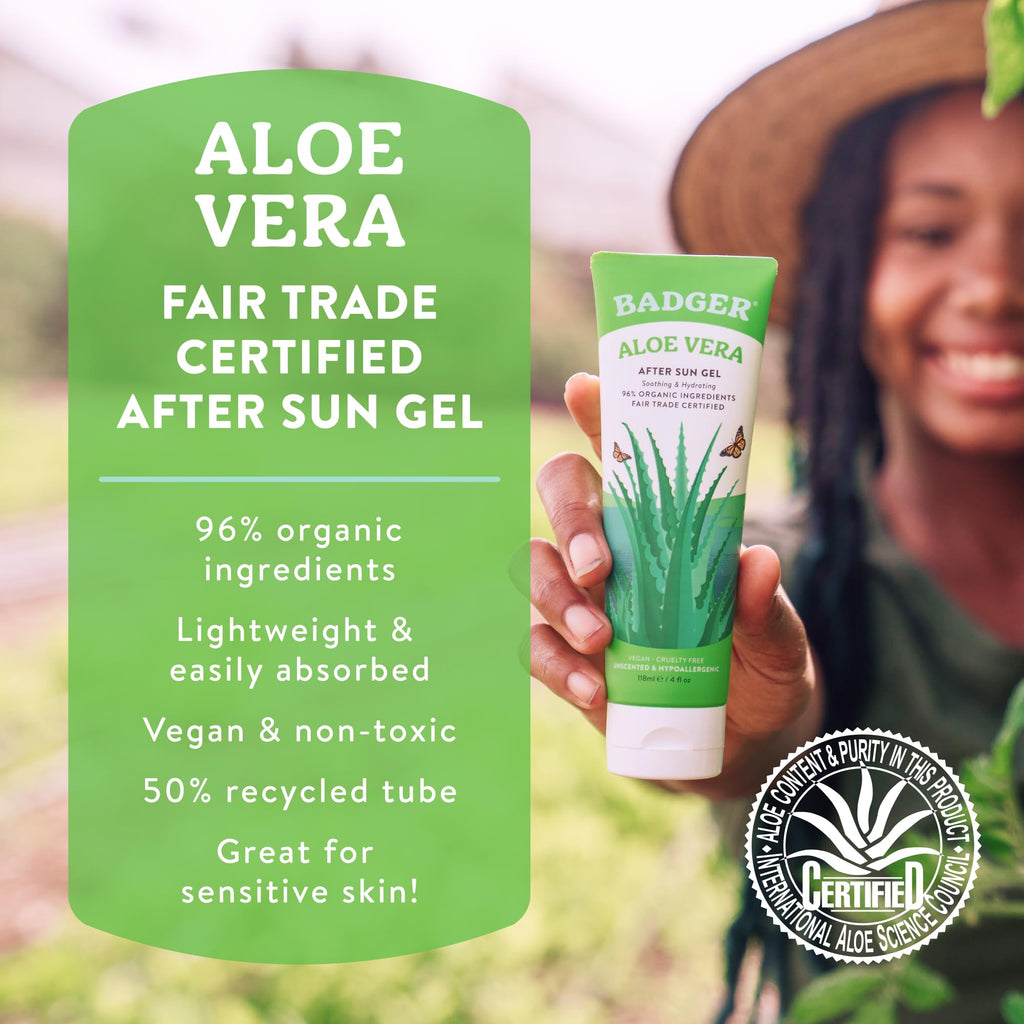 Badger Organic Aloe Vera Gel for Face & Body, 96% Pure Unscented Organic Aloe Gel for Cooling, Soothing, Non-Sticky Sunburn Relief, Vegan, Fair Trade & Hypoallergenic, 4 fl oz, 2-Pack