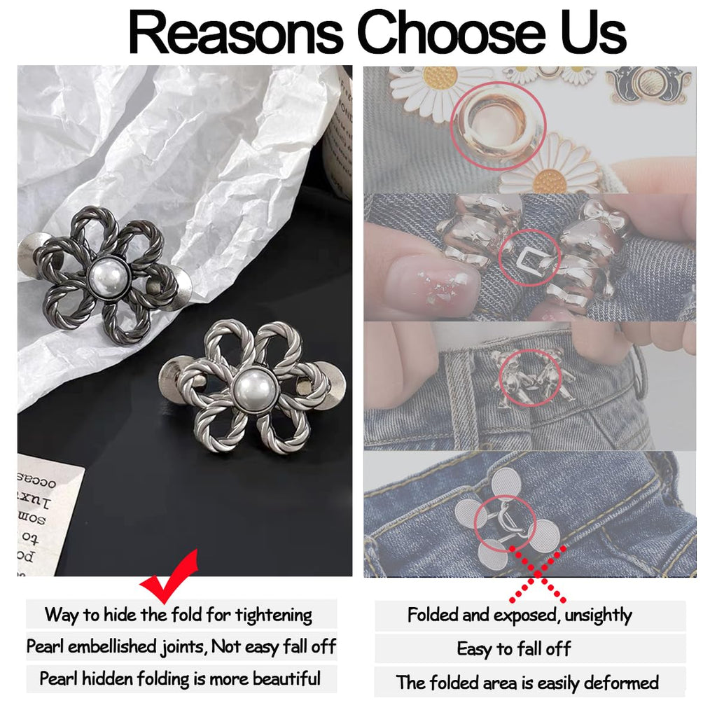 8 Sets Flower Jeans Button Pant Waist Tightener, Adjustable Waist Buckle Sets No Sew and No Tools Detachable Decorative Buckles, Jean Buttons Pins for Loose, Pants, Skirts, Sleeves