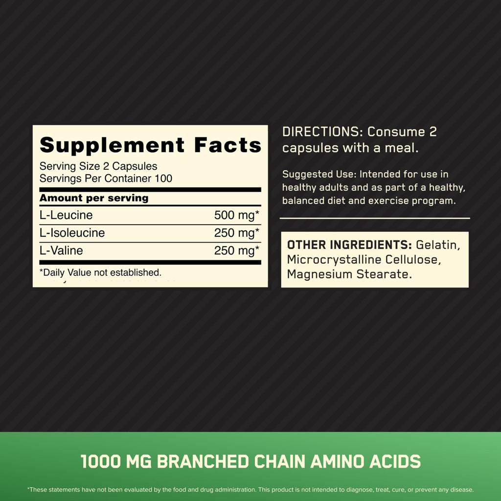 Optimum Nutrition BCAA Capsules, Keto Friendly, 1000mg, 200 Ct | Easy to Swallow Capsules, Branched Chain Amino Acid Support, 2:1:1 ratio of L-Leucine, L-Isoleucine and L-Valine per serving