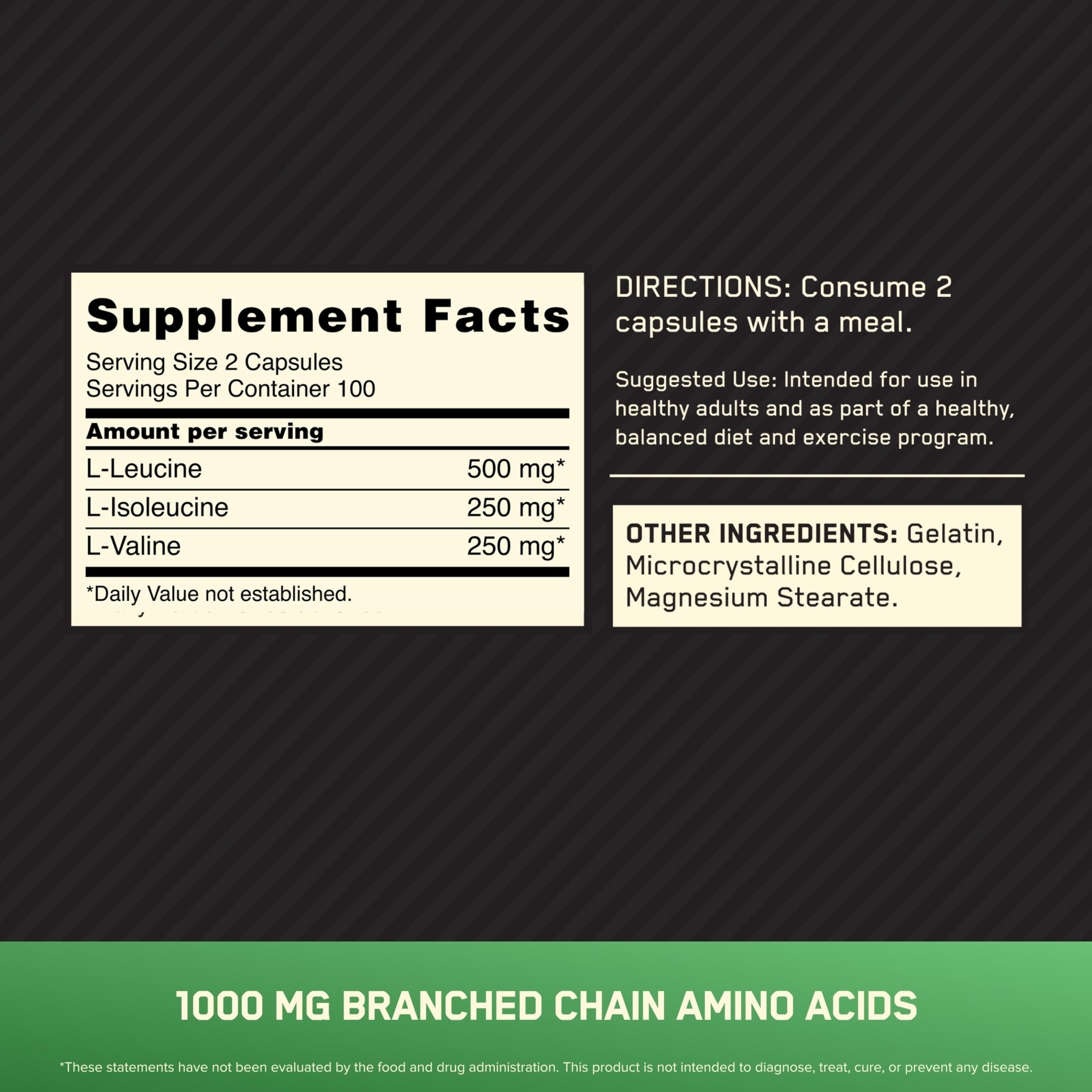 Optimum Nutrition BCAA Capsules, Keto Friendly, 1000mg, 200 Ct | Easy to Swallow Capsules, Branched Chain Amino Acid Support, 2:1:1 ratio of L-Leucine, L-Isoleucine and L-Valine per serving