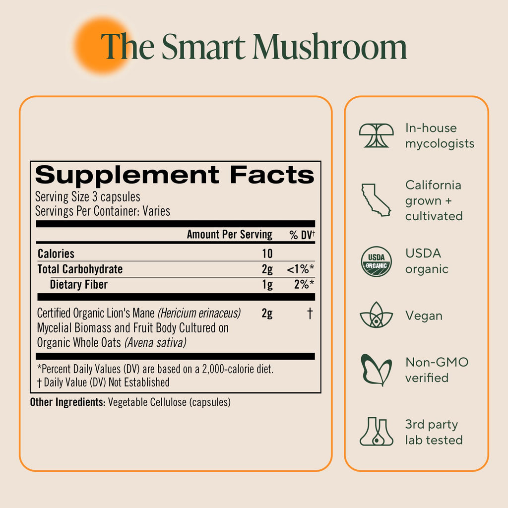Om Lion’s Mane Mushroom Capsules - Organic Mushroom Supplement and Nootropic - Brain Supplements for Memory and Focus, 90 Count (30 Servings)
