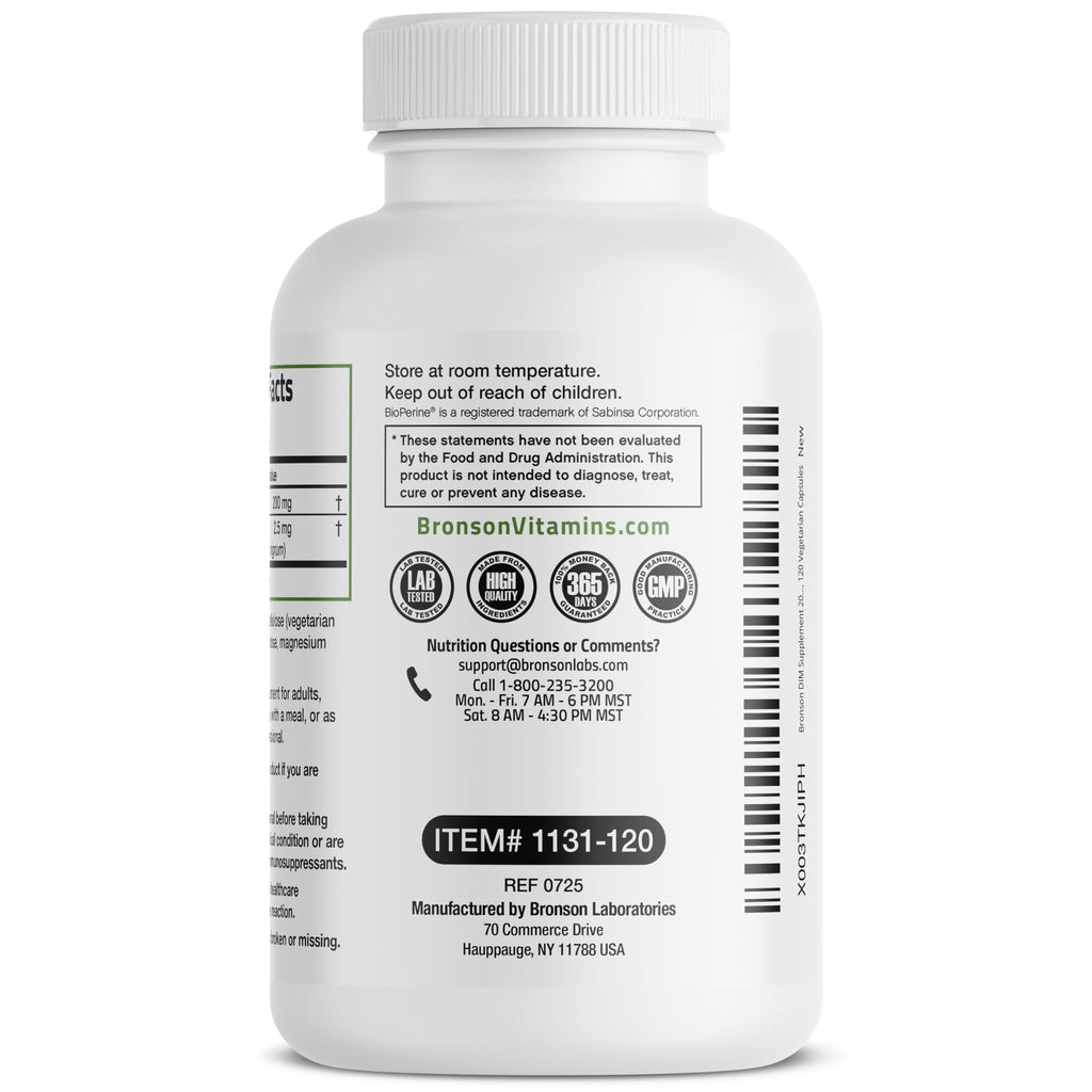 Bronson DIM 200 mg Diindolylmethane with BioPerine, 120 Vegetarian Capsules | Enhanced Absorption, Healthy Estrogen Metabolism & Balanced Hormones for Men & Women, Non-GMO, Gluten-Free & Soy-Free
