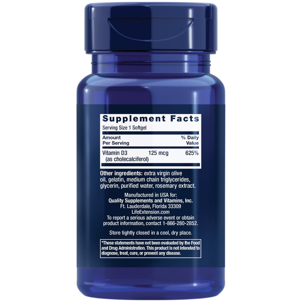 Life Extension Vitamin D3 125 mcg (5000 IU), Bone Health, Brain Performance, Immune System Support, Gluten-Free, Non-GMO, Once Daily, Two-Month Supply, 60 Softgels (Pack of 2)