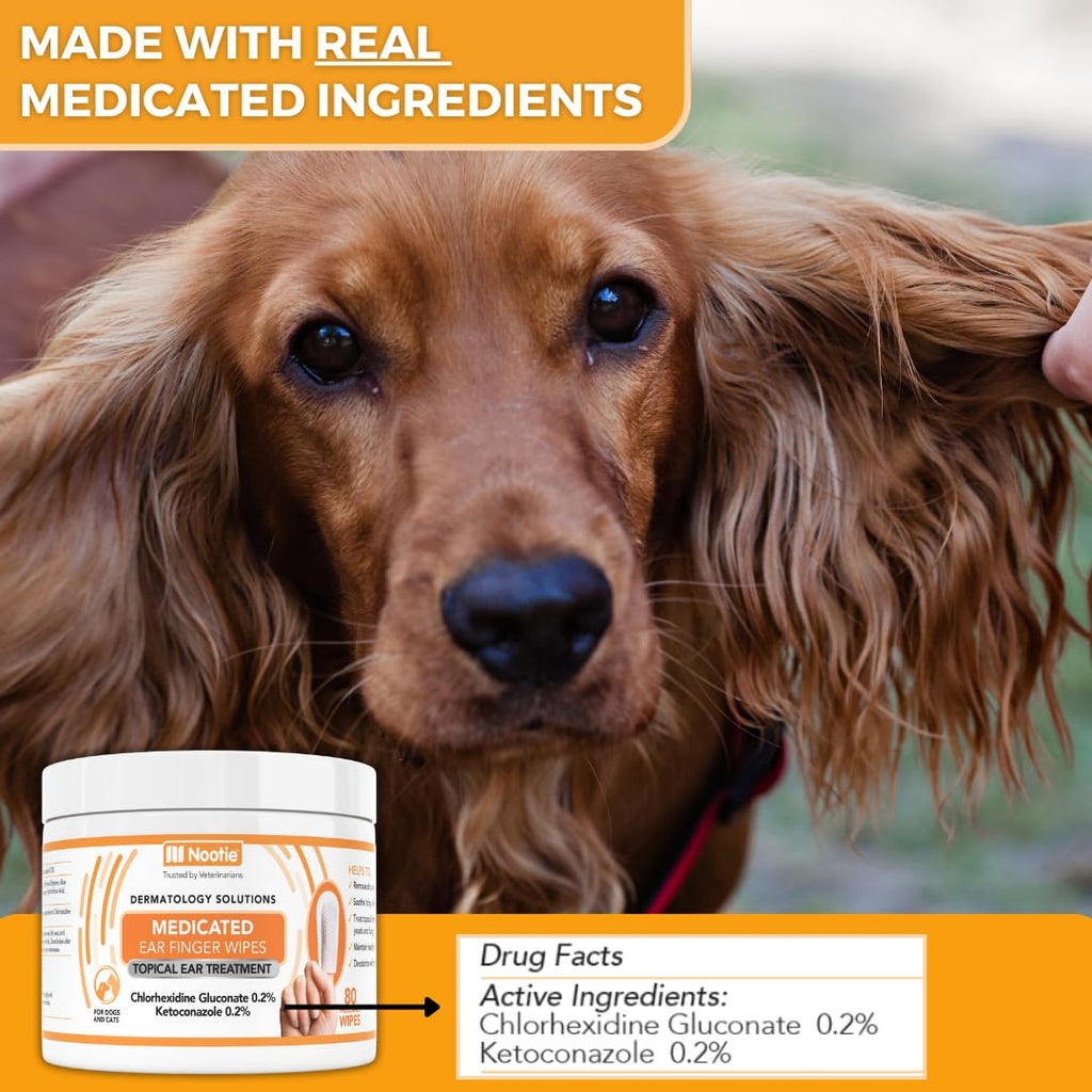 Nootie Medicated Ear Finger Wipes with Chlorhexidine for Dogs, Made in USA