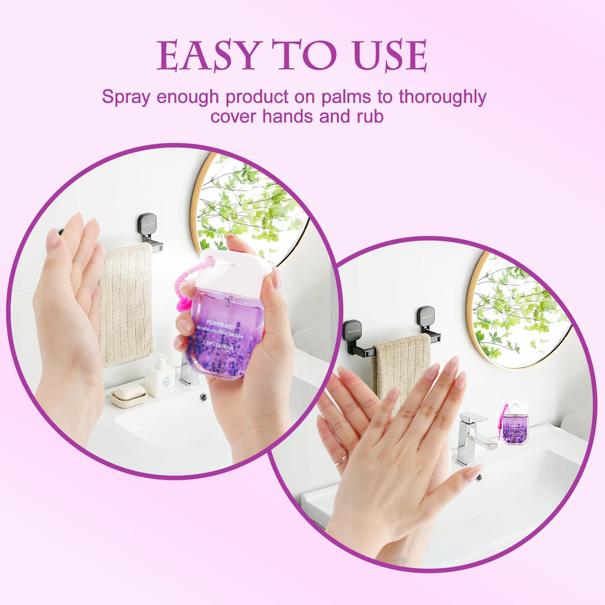 4Pack Hand Sanitizer Spray Keychain, Mini Travel-Size Portable Power Mist Sprayer for Women Teens Kids, Enriched with Mineral Oil & Aloe Vera for Moisturizing (Vanilla, Strawberry, Orange, Lavender)