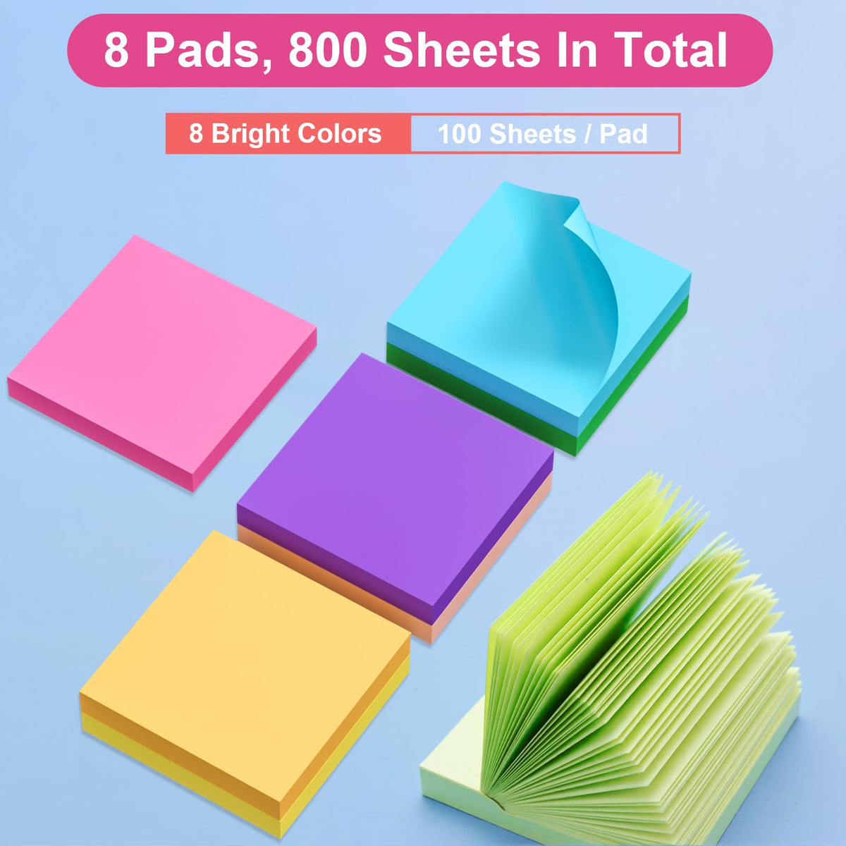 Sticky Notes 3x3 in, 8 Bright Self-Stick Pads, 800 Sheets for School Office