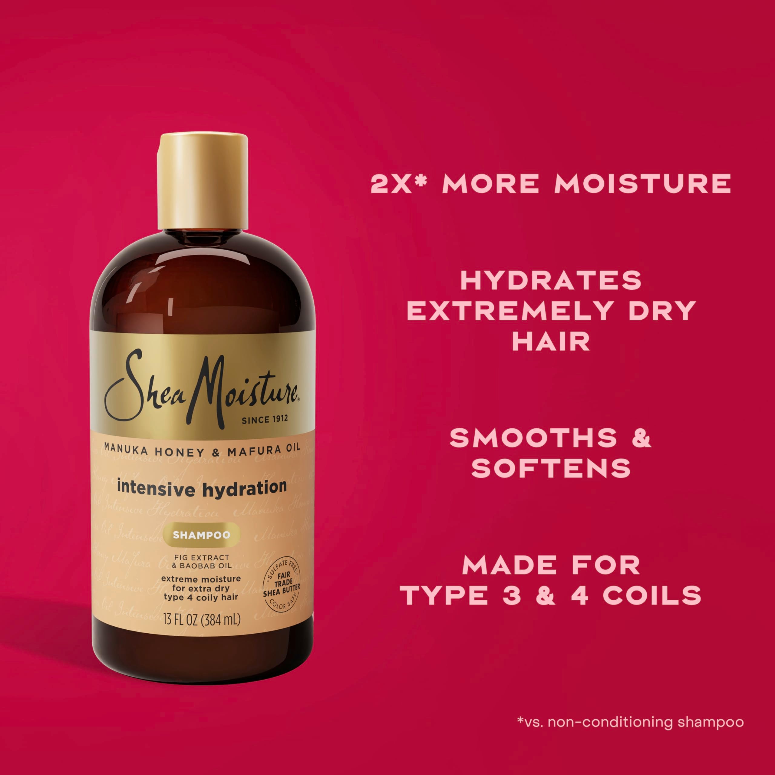 Shea Moisture Intensive Hydration Shampoo for Dry, Damaged Hair Manuka Honey and Mafura Oil Sulfate-Free 13 oz | For extra dry and damaged hair - intensely hydrate and moisturize with Manuka Honey, Mafura Oil, and Fig Extract.