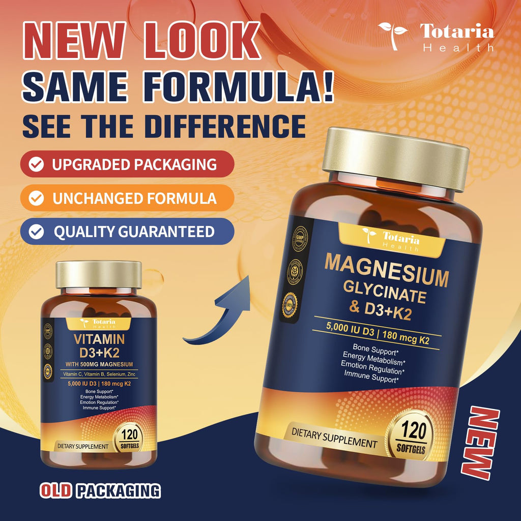 9-in-1 Magnesium Glycinate 500mg + Vitamin D3 5000 IU & K2 Complex - High Absorption - Healthy Stress, Sleep, Muscle Function, Bone Health & Energy Supports | Non-GMO, Gluten-Free 120 Softgels