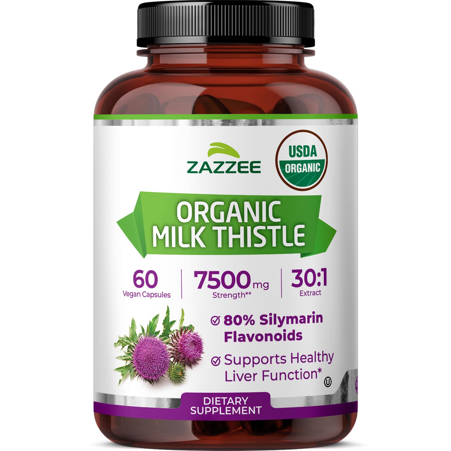 Zazzee USDA Organic Milk Thistle 30:1 Extract, 80% Silymarin, 120 Capsules | Vegan, 4 Month Supply, Certified Kosher, High Potency Liver & Antioxidant Support, Silybum Marianum, Non-GMO, Made in the USA