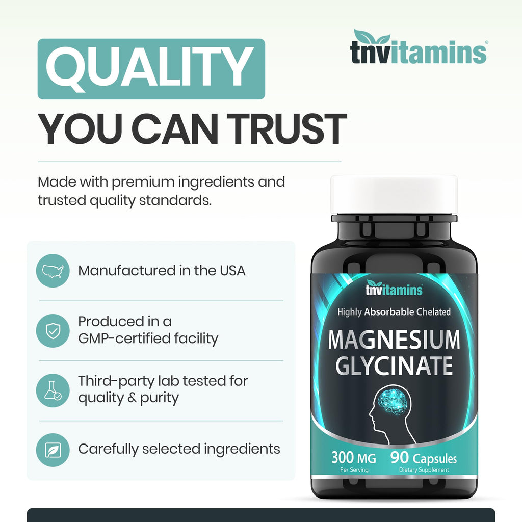 tnvitamins Magnesium Glycinate 300mg, 90 Capsules | High Absorption Chelated Magnesium for Sleep, Calm & Muscle Support* | Non-GMO, Gentle, Non-Laxative | TNVitamins