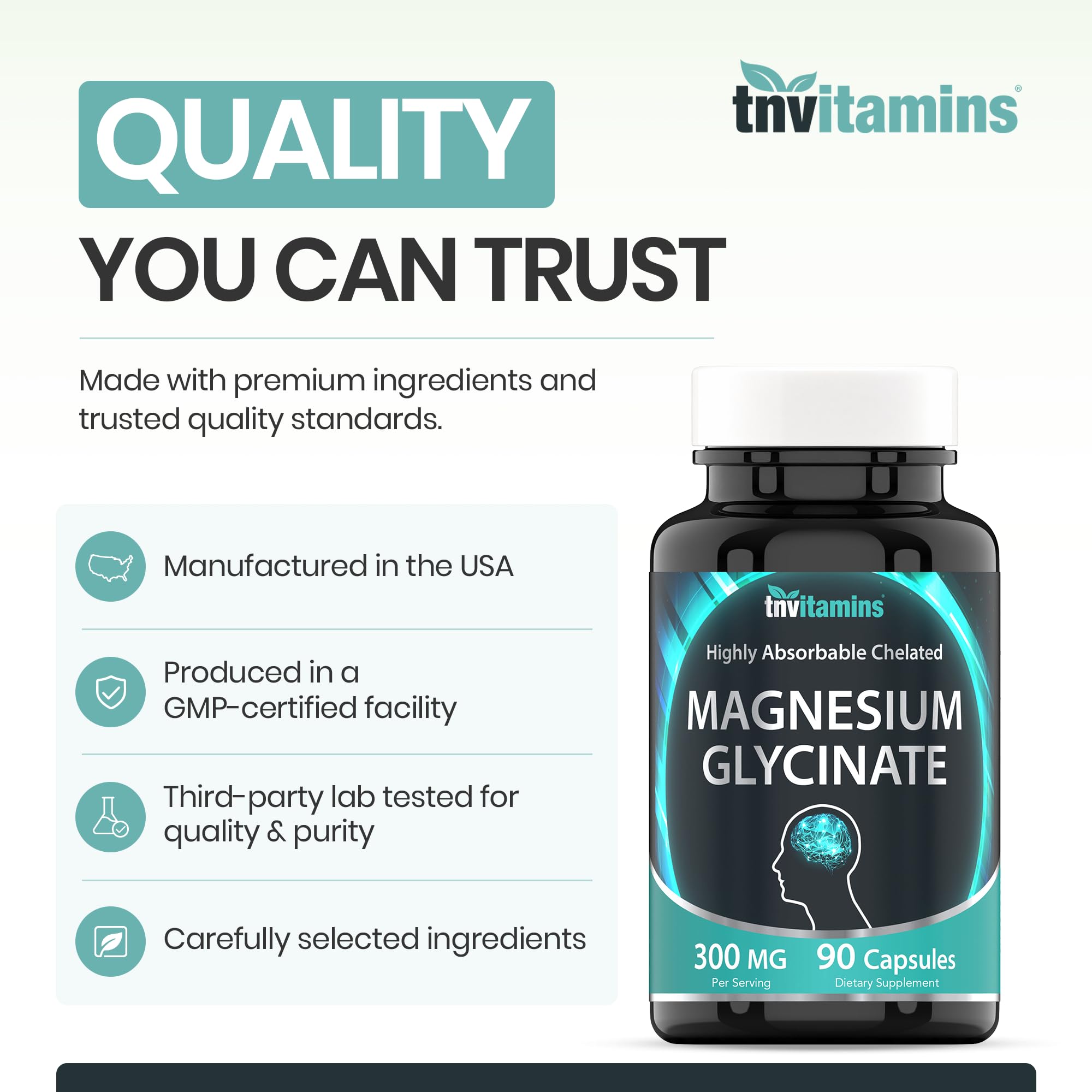 tnvitamins Magnesium Glycinate 300mg, 90 Capsules | High Absorption Chelated Magnesium for Sleep, Calm & Muscle Support* | Non-GMO, Gentle, Non-Laxative | TNVitamins