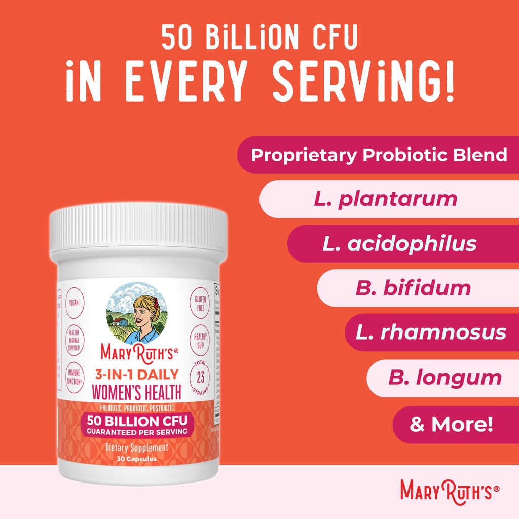 MARYRUTH'S 3-in-1 Daily Health Probiotics + Postbiotics for Women | Hormone Support & Gut Health Supplement for Women | Women’s Probiotic Supports Vaginal Health | 50 Billion CFU | Vegan | 30 ct