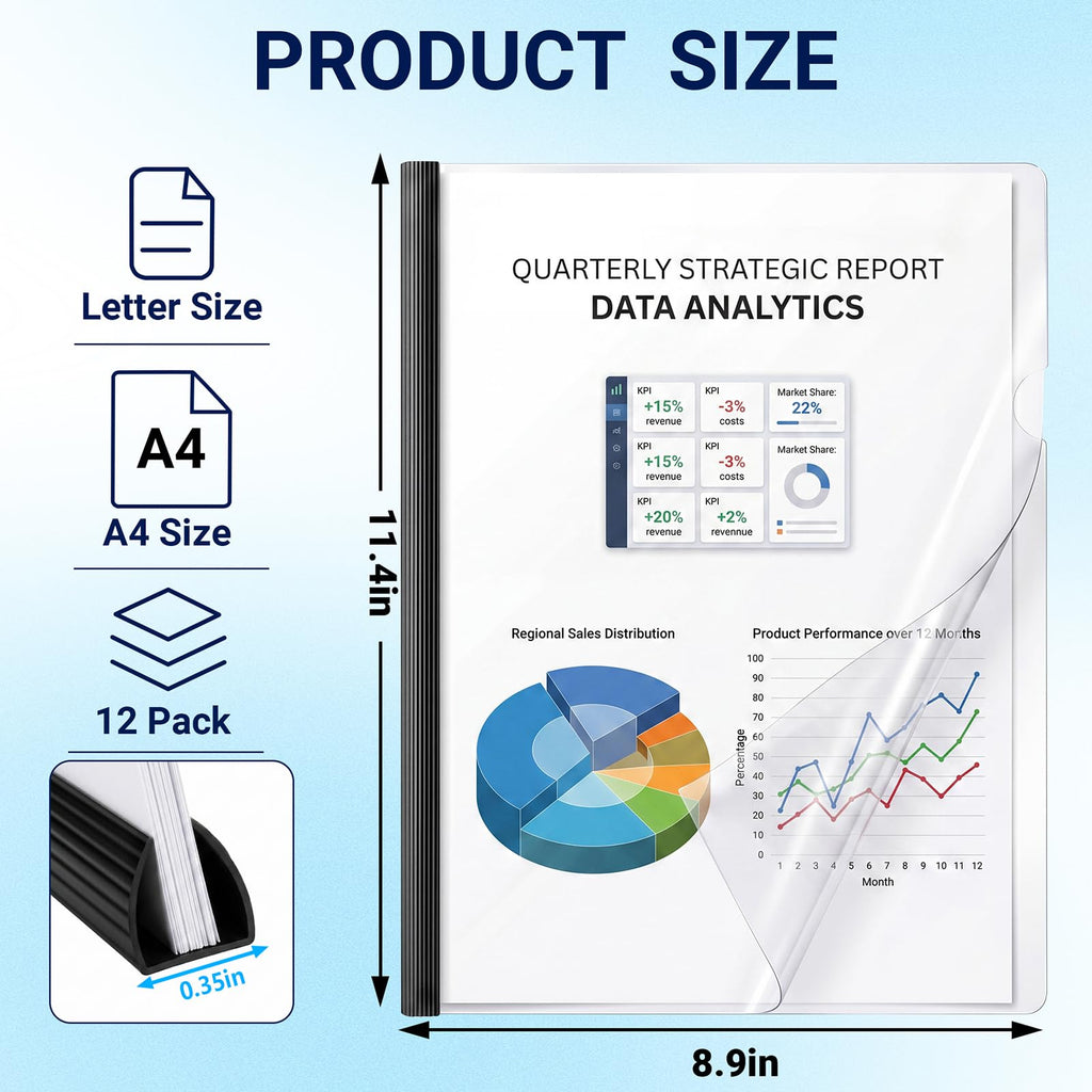 12-Pack Clear Report Covers with Sliding Bars, Jupihorn Professional Resume Folder for A4 and Letter-Size Paper, Large Capacity 70-Sheet Portfolio Folder, Clear Paper Binder for School and Office Use