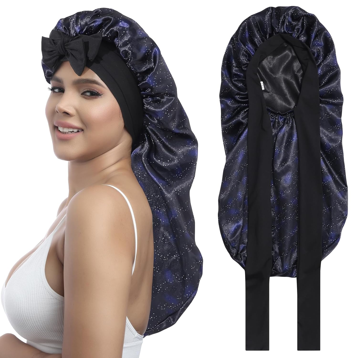 Buy now AWAYTR Long Satin Bonnet for Women - Double Layer Elastic Silk Bonnet for Braids Hair Sleeping Cap with Tie Band (Rose Gold) One Size Nebula+black at indiglob india