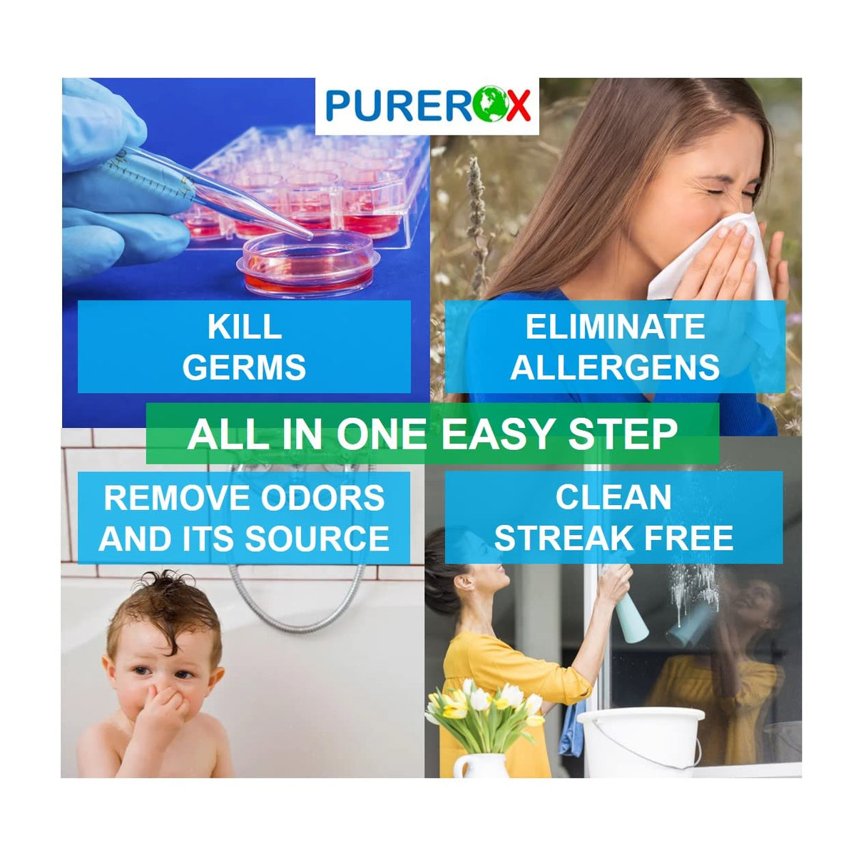 PUREROX disinfectant (16oz, 2pk) Eliminate 99.9999% MRSA, Norovirus, Viruses, Fungus, Bacteria. Hospital Grade. Safe for Use Anywhere. No residue. Suitable for All Surfaces.