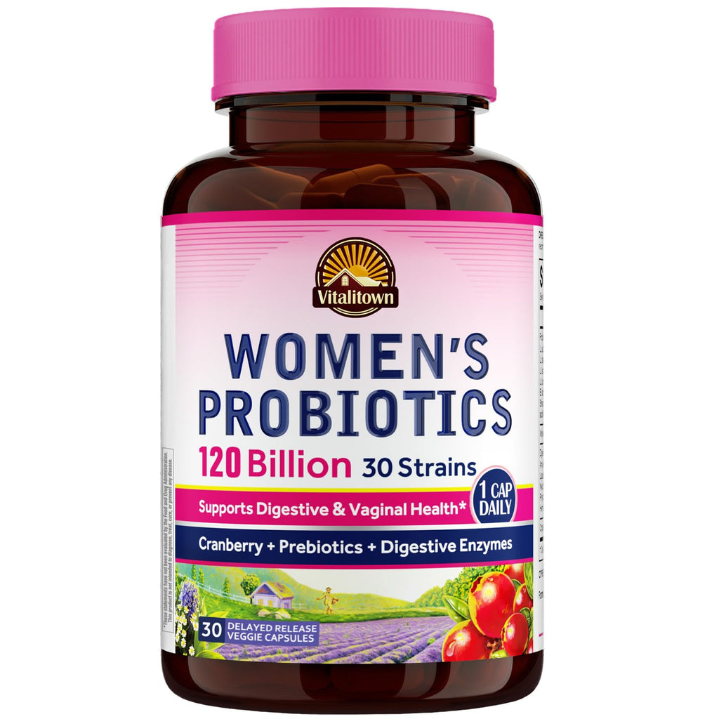 Vitalitown Probiotics for Women 120 Billion CFUs, 30 Strains, with Prebiotics & Digestive Enzymes & Cranberry, Gut & Vaginal Health, Vegan 30 (Pack of 1) Delayed Release Caps