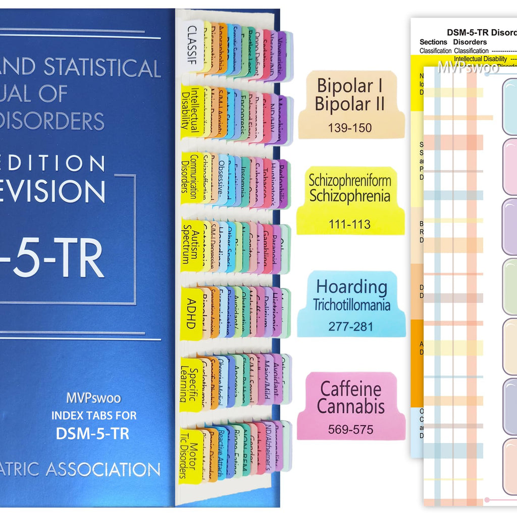 Upgraded Index Tabs for DSM-5-TR 2022, 94 Printed DSM-V-TR Tabs, 100 Tabs in Total, with Alignment Guide & Disorders Description Sheet for The Diagnostic and Statistical Manual of Mental Disorders
