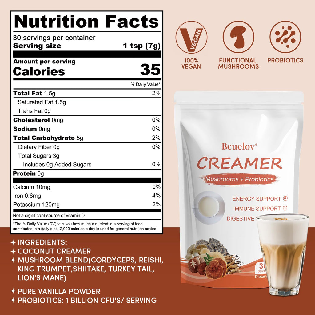 Mushroom Coffee Creamer,Superfood Creamer Powder with 6 Adaptogenic Mushrooms & Probiotics for Energy, Focus, Digestion - 30 Servings