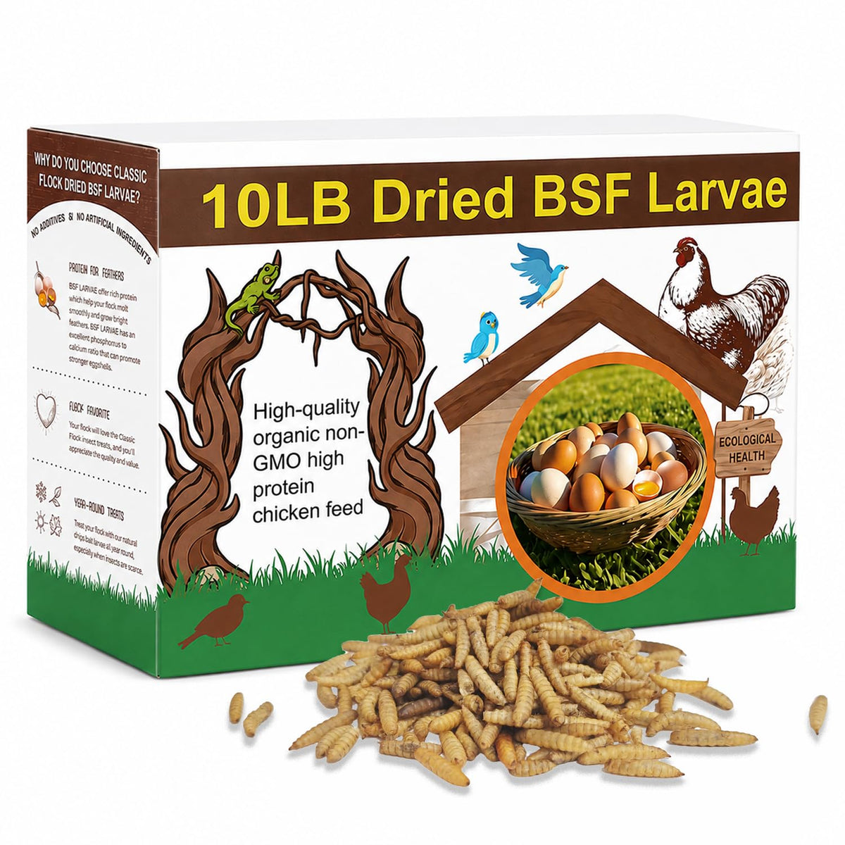 Classic Flock 10LB Dried Black Soldier Fly Larvae for Chickens High Calcium
