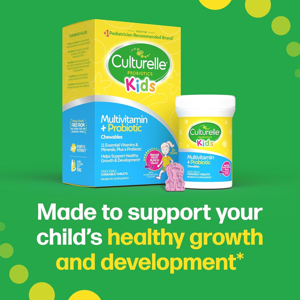 Culturelle Kids Multivitamin + Probiotic Chewable, Ages 3+, 50 Count | From the #1 Pediatrician-Recommended Brand± Promotes Digestive, Oral, Immune Health* with 11 Vitamins & Minerals, Fruit Punch