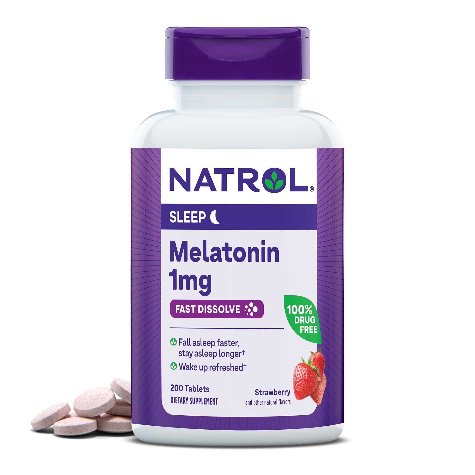Natrol Melatonin 1 mg Fast Dissolve Tablets, Strawberry, 200 Count | Nighttime Sleep-Aid for Adults, 100% Drug-Free, Non-Habit Forming, For Occasional Sleeplessness, Supports Circadian Rhythm