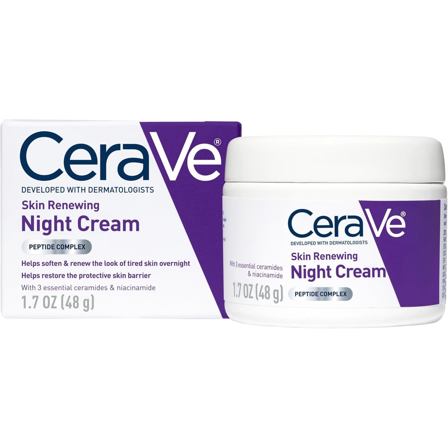 CeraVe Night Cream, Face Moisturizer, Skin Care for Dry Skin, 1.7oz | Skin Renewing Face Moisturizer with Hyaluronic Acid & Peptides, Night Cream For Men & Women, Anti-Aging Face Cream, Daily Use