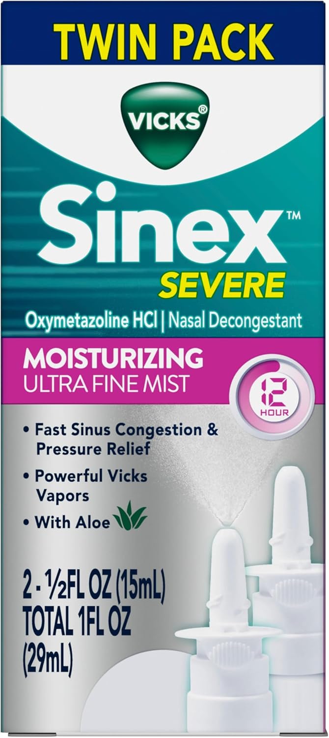 Buy now Vicks Sinex Severe Nasal Spray, Moisturizing Ultra Fine Mist with Aloe, Decongestant Medicine, Relief from Stuffy Nose Due to Cold or Allergy, Nasal Congestion & Sinus Pressure Relief, 265 Sprays x 2 at indiglob india