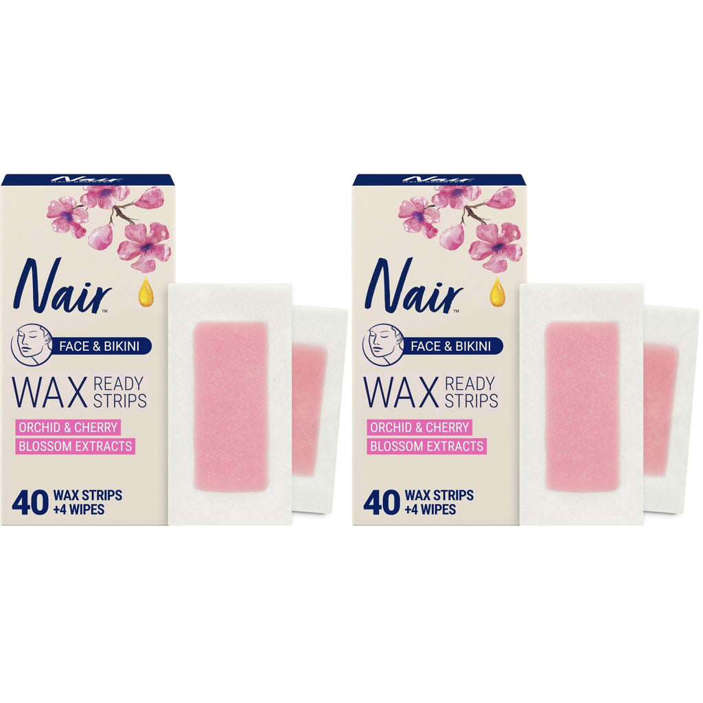 Nair Hair Remover Wax Ready Strips, Face and Bikini, 40 Count | Upper Lip, Chin & Cheek, Hair Removal, Dermatologist Tested, All Skin Type, Orchid and Cherry Blossom Extracts, Soft Skin