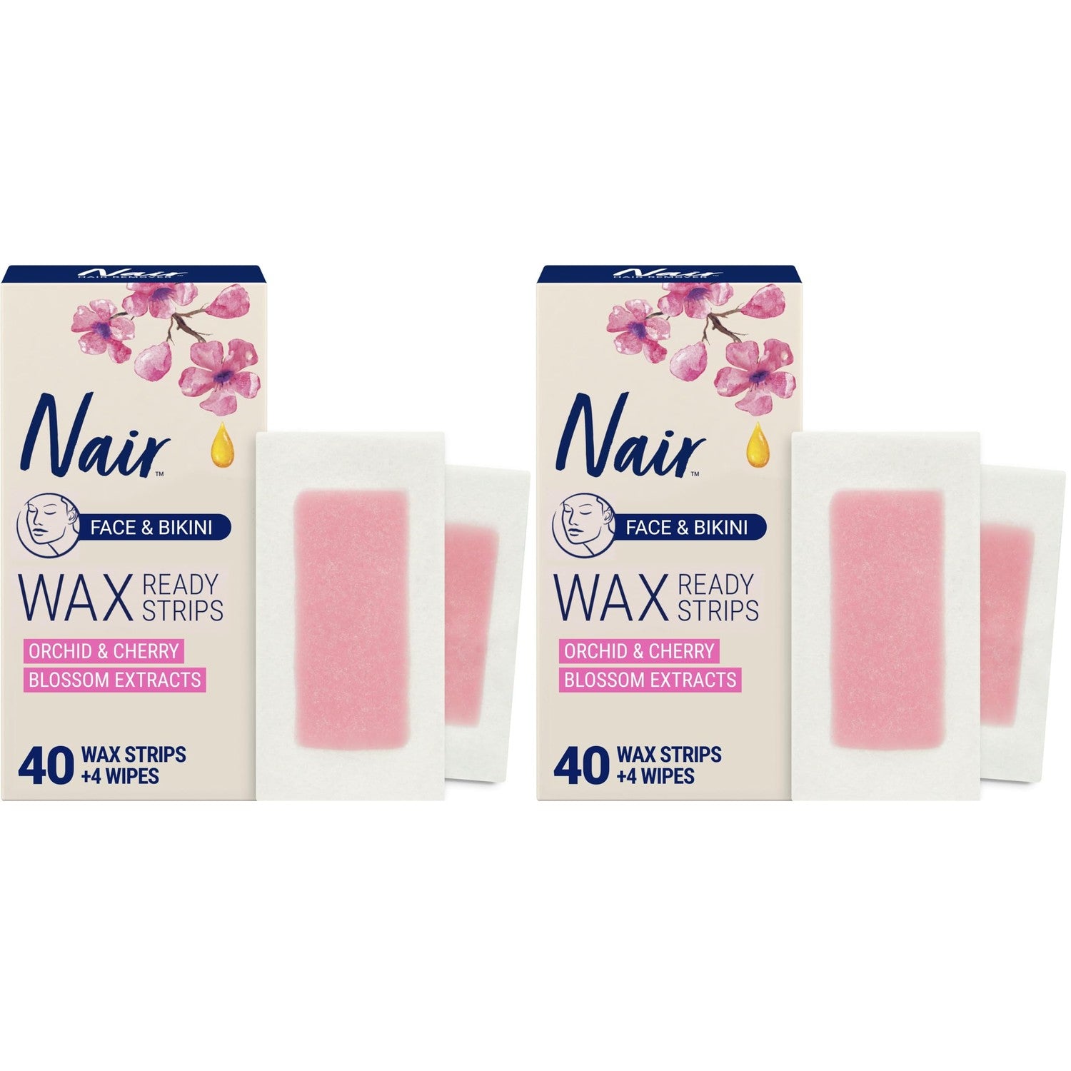 Nair Hair Remover Wax Ready Strips, Face and Bikini, 40 Count | Upper Lip, Chin & Cheek, Hair Removal, Dermatologist Tested, All Skin Type, Orchid and Cherry Blossom Extracts, Soft Skin
