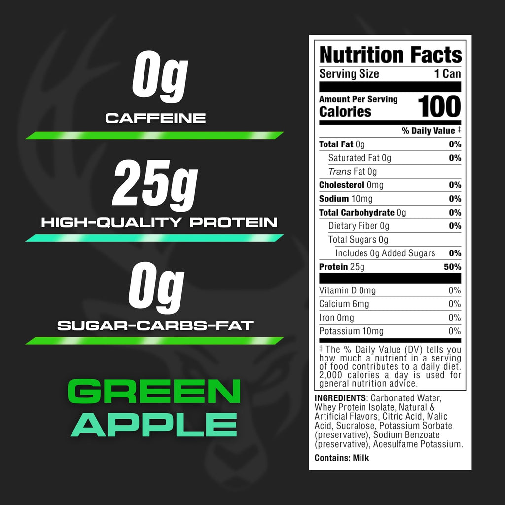 Bucked Up Lightly Carbonated Protein Soda | 25g Whey Isolate - Zero Sugar, Low Calorie, Caffeine Free, Clean Drink | Sparkling Protein Soda - 12 Pack, 16 oz Cans (Green Apple)