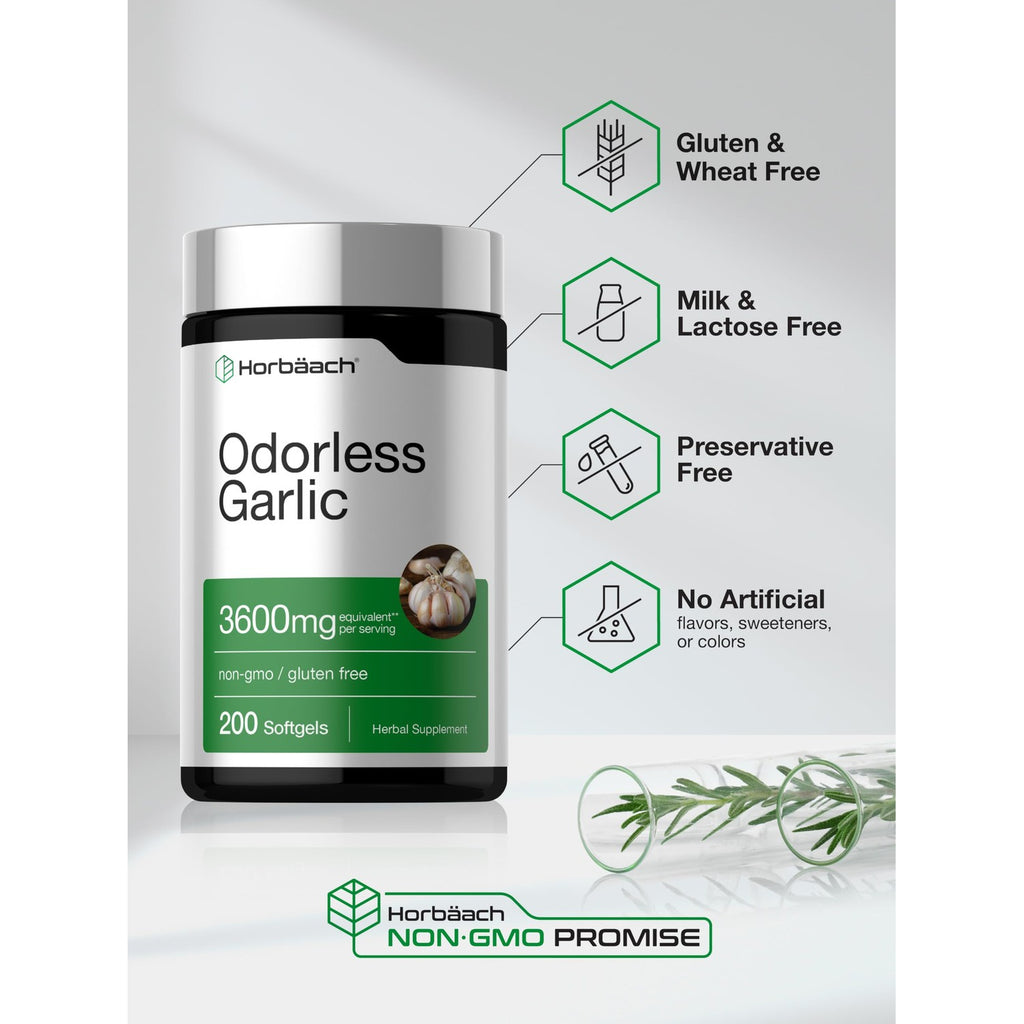 Horbäach Odorless Garlic Softgel Supplement | 200 Pills | Ultra Potent Concentrated Herbal Extract | Non-GMO & Gluten Free