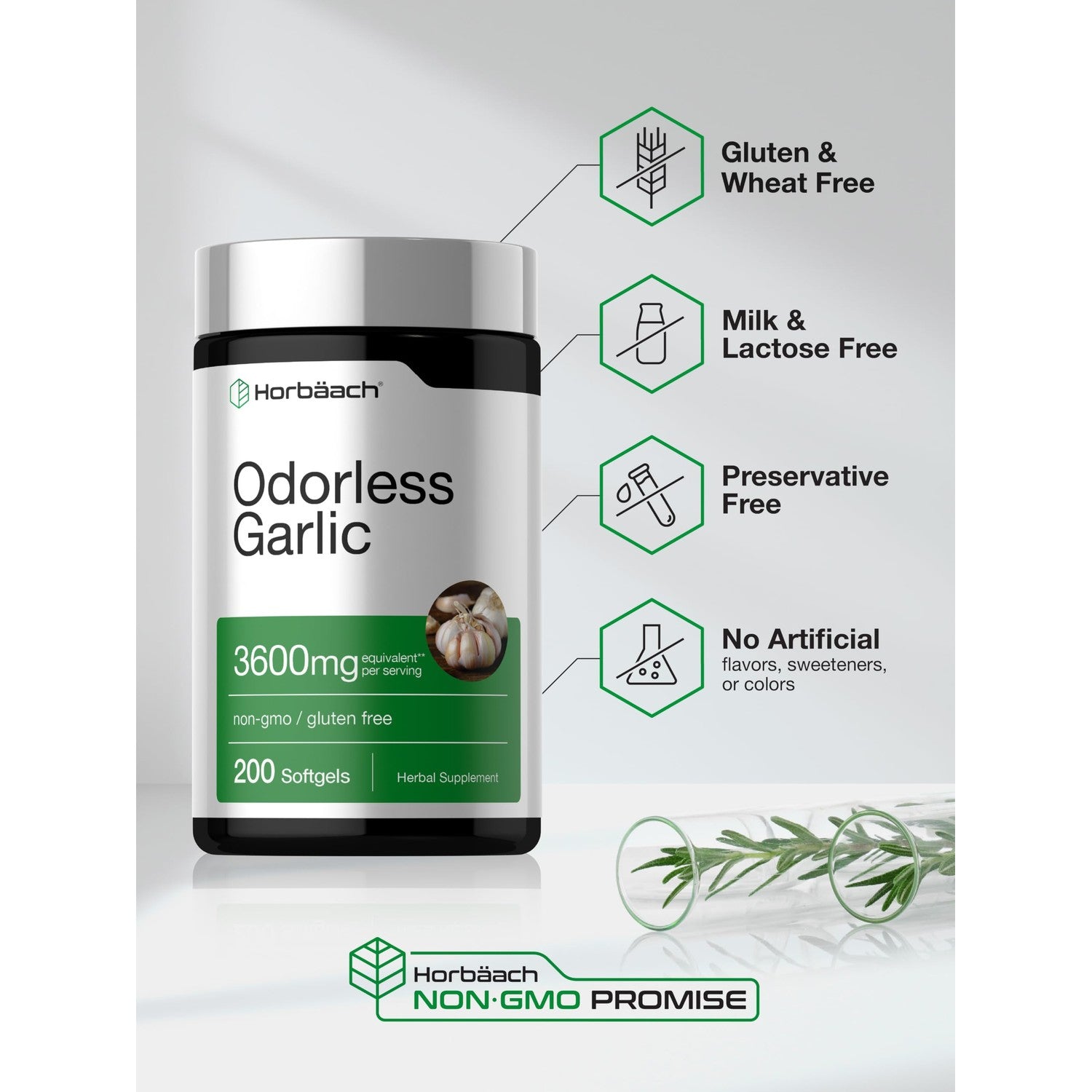 Horbäach Odorless Garlic Softgel Supplement | 200 Pills | Ultra Potent Concentrated Herbal Extract | Non-GMO & Gluten Free