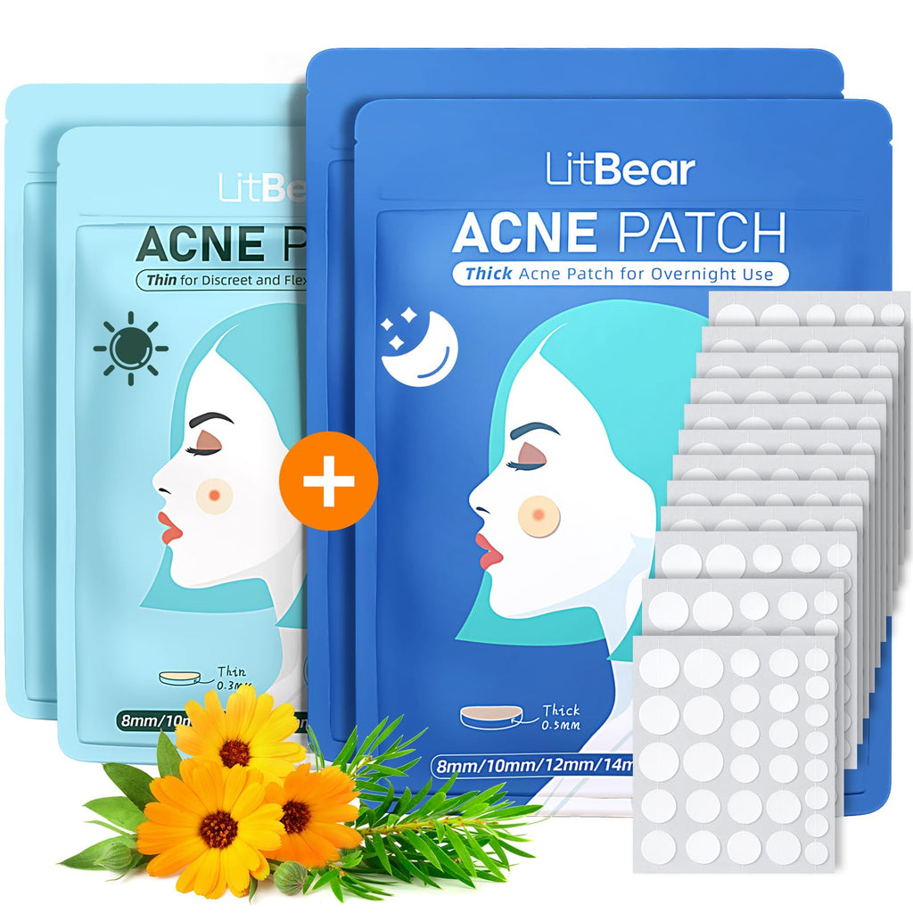 LitBear Acne Pimple Patches- Day and Night 4 Sizes 180 Dots Thin & Thick Hydrocolloid Patches with Witch Hazel, Tea Tree & Calendula Oil, Pimple Stickers for Covering Zits, Blemishes, Spots, Acne Dots