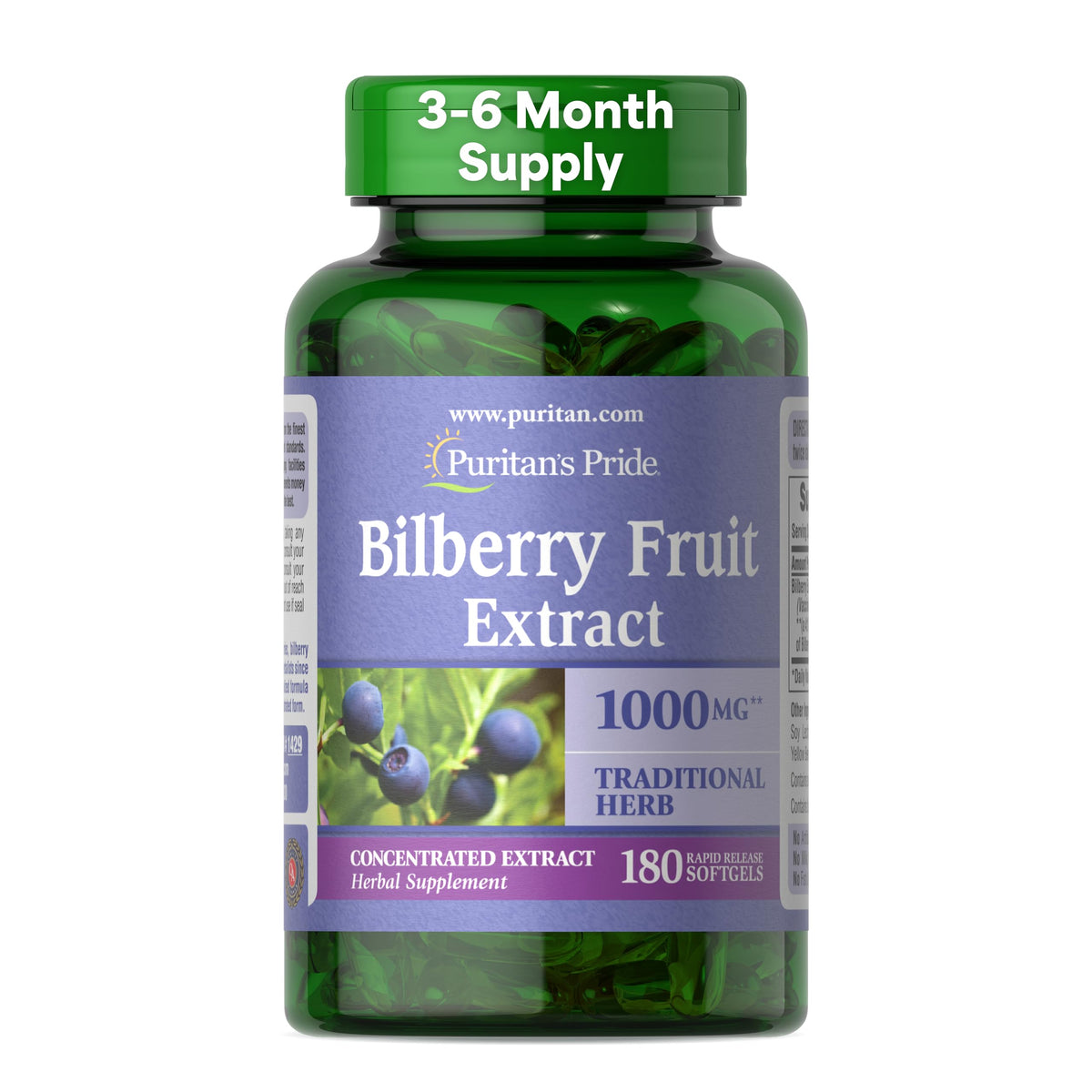 Puritan's Pride Premium Bilberry Fruit Extract 250mg, 180 Softgels
