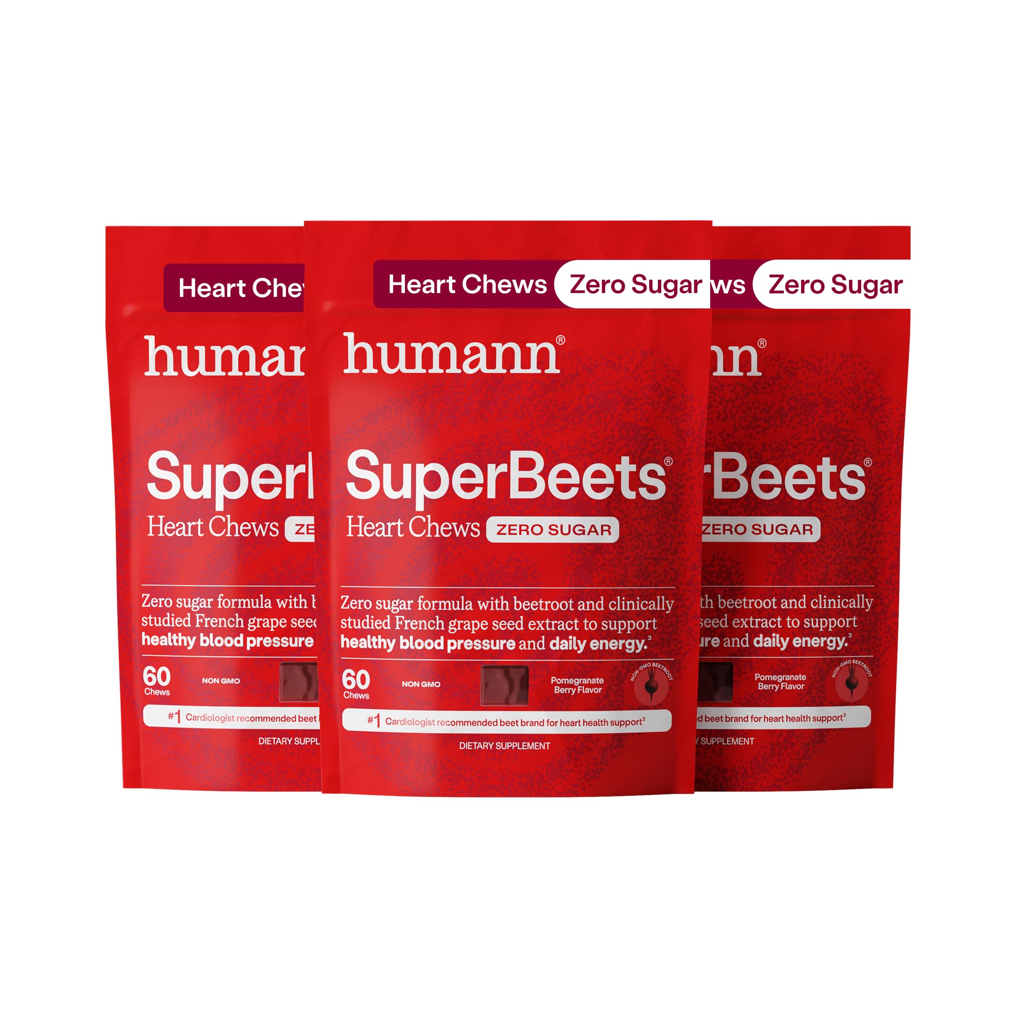 HumanN SuperBeets Heart Chews Zero Sugar, Pomegranate Berry Flavor, 180 Ct | Blood Pressure Support, Nitric Oxide Support, Heart Health & Energy, Non-GMO Beet Root Powder, Grape Seed Extract, Once Daily