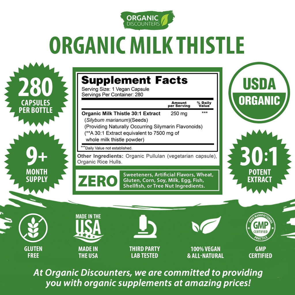 USDA Organic Milk Thistle 30:1 Extract Capsules, 280 Vegan Capsules, Rich in Silymarin Flavonoids, Liver Cleanse and Liver Detox Support, Standardized 30X Extract, Made in the USA