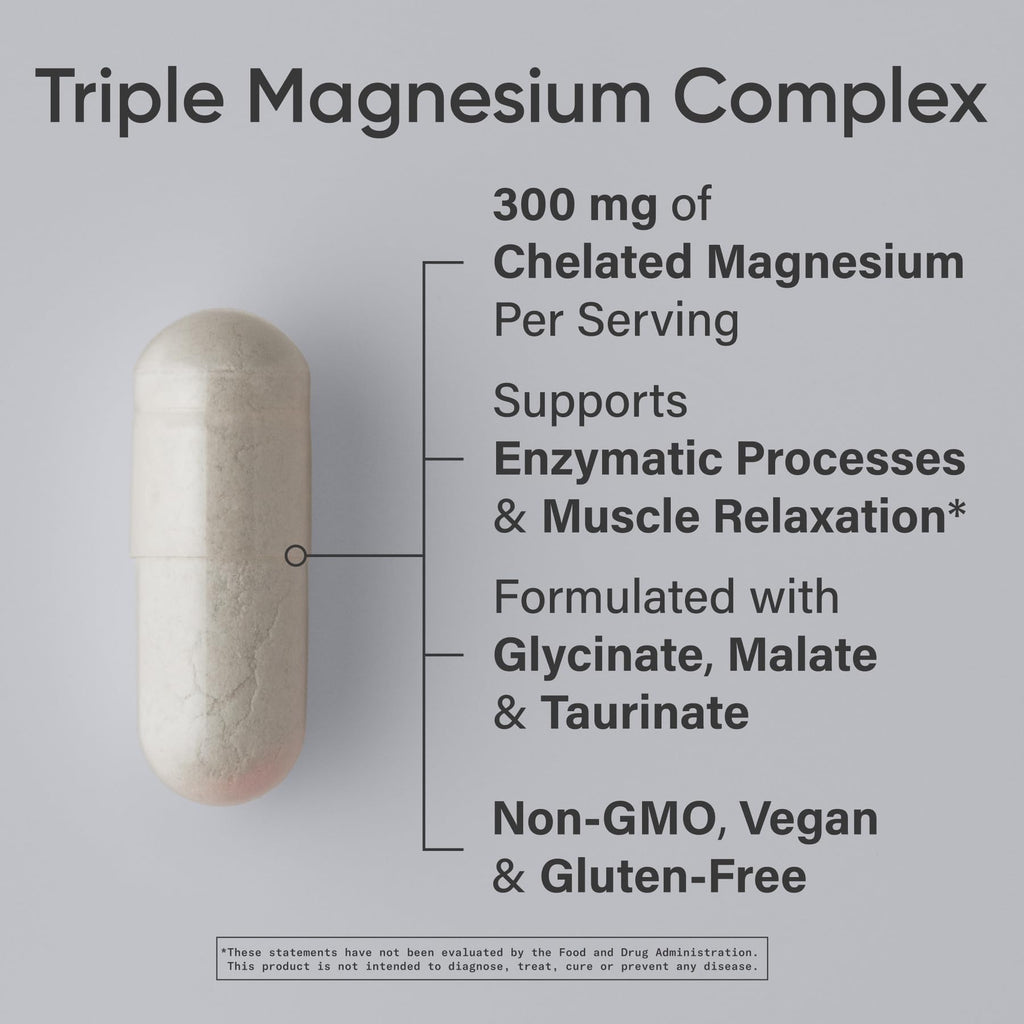 Sports Research® Triple Magnesium Complex 300mg, 120 Veggie Capules | Cheleated Magnesium Glycinate, Taurinate & Malate (Chelamax®) for Enhanced Bioavailability* - Non-GMO, Certified Vegan