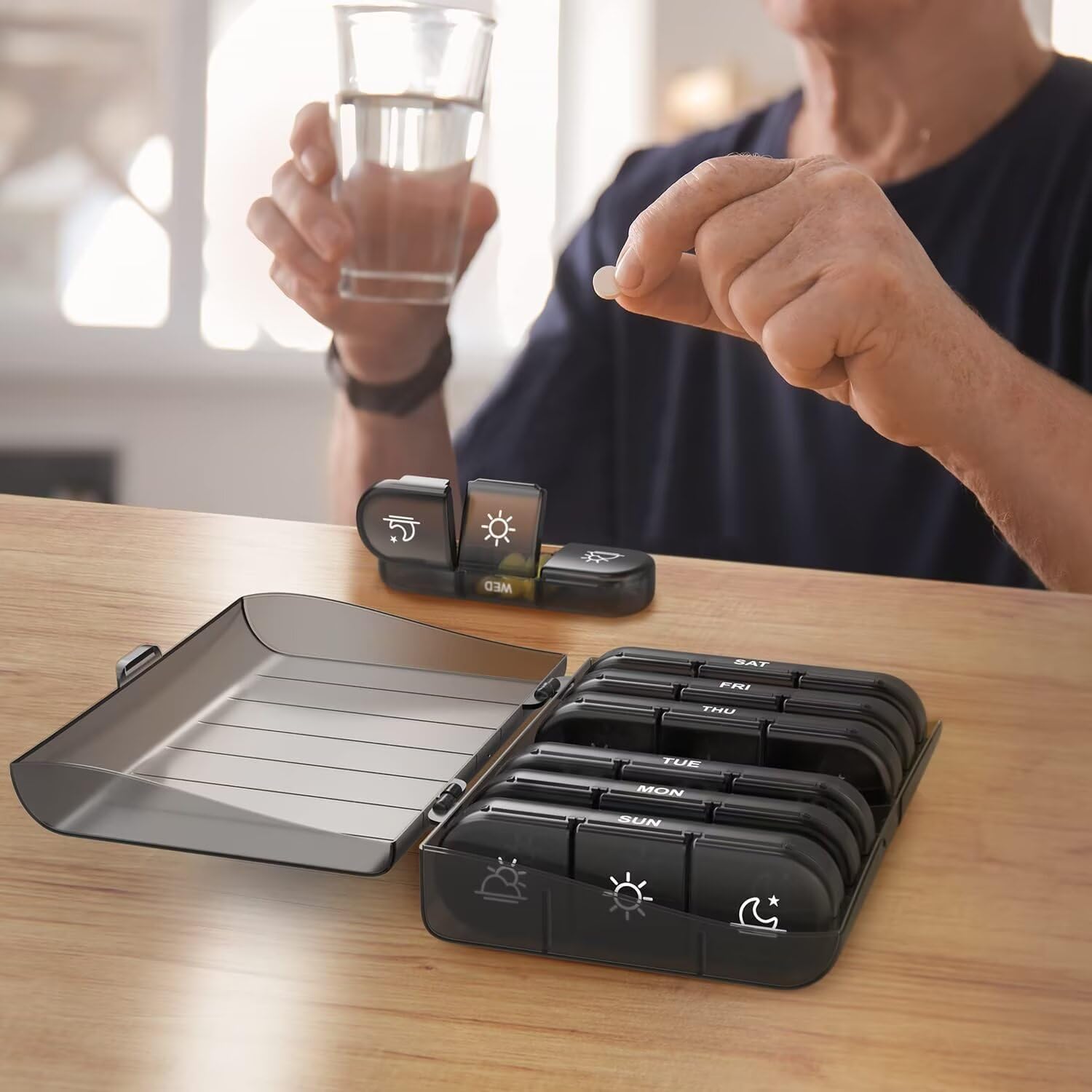 Buy now PULIV Weekly Pill Organizer 3 Times a Day, Portable Travel Pill Box 7 Day with Large Pill Containers, Light-Proof Pill Case for Vitamins, Medication, Supplements and Fish Oils (Black) at indiglob india