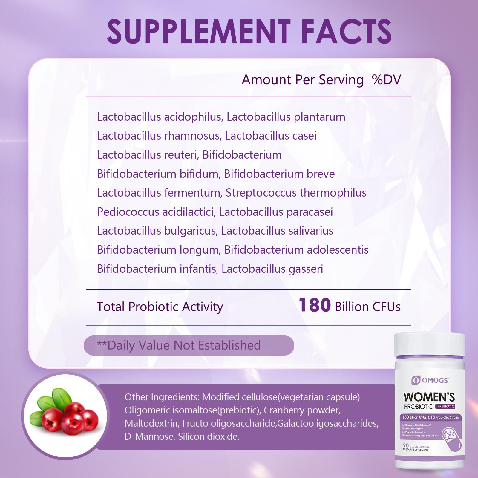 OMOGS Women's Probiotic 180 Billion CFUs 18 Strains, with Organic Prebiotics, Cranberry Extract, D-Mannose & Digestive Enzymes, for Digestive, Boost Immune, PH Balance & Urethral Health, 90 Capsules