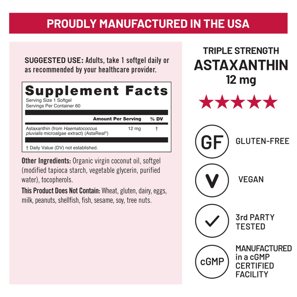 NatureWise Triple Strength Astaxanthin 12mg with AstaReal® - Vegan Antioxidant Supplement with Organic Coconut Oil - NSF Certified Gluten Free, 60 Softgels[60 Day Supply]