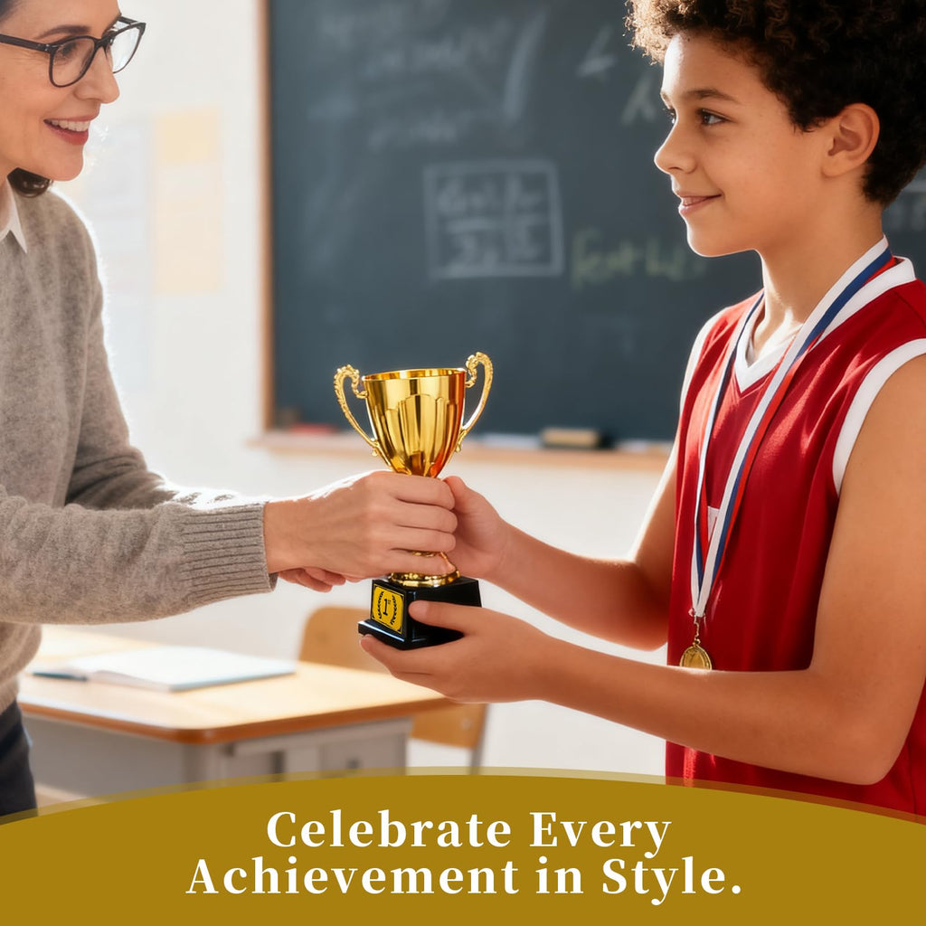 7.48" Gold Plastic Trophy Award with Pre-Attached 1st Place Label, Small Winner Cup for Kids Sports, Parties, School Competitions