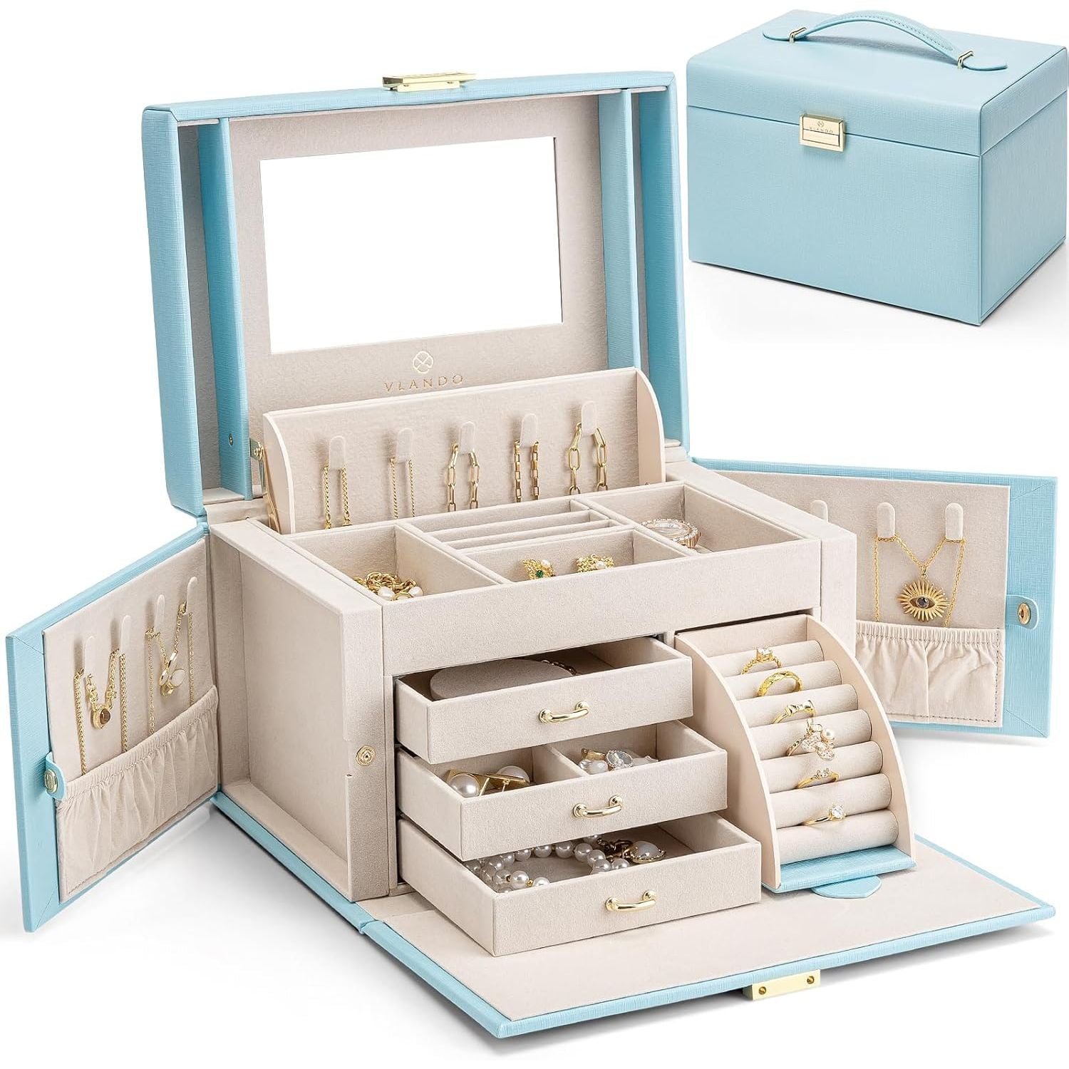 Buy now Vlando Jewelry Box Organizer for Girls Women, Large Baroque Jewelry Holder Organizer with Mirror, 3 Drawers for Bracelets, Earrings, Rings, Necklaces, Mothers Day for Loved One, Pink F.Blue at indiglob india