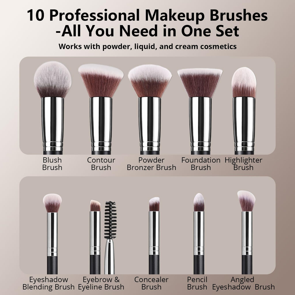 BEAKEY Makeup Brushes set with 2 Blending Sponges,10 Brush Face and Eye Set | Beginner-friendly face and eye tools with soft synthetic fibers for light,buildable coverage from foundation to eyeshadow